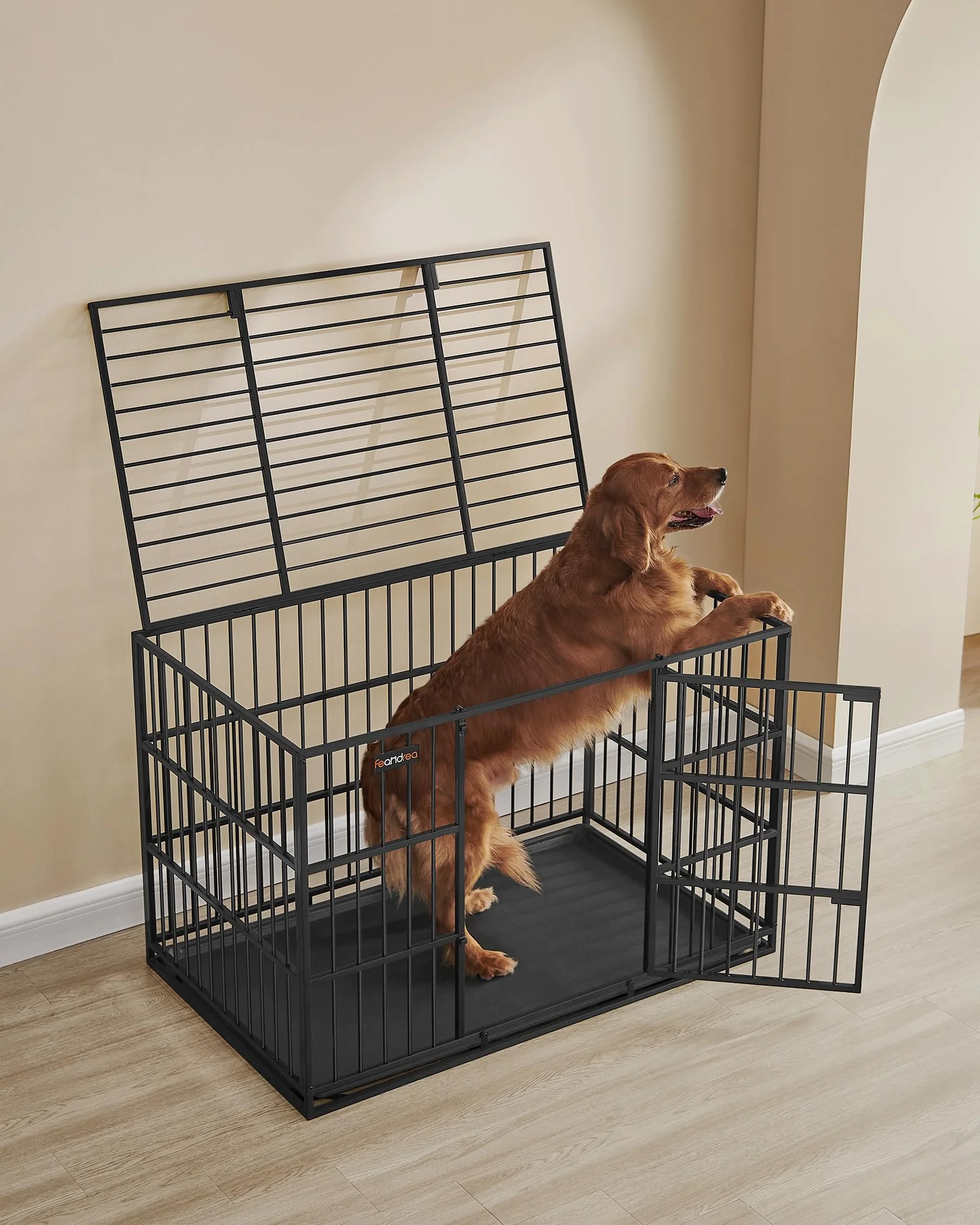 Feandrea Klatka dla psa Heavy-Duty, 122 x 75 x 80 cm, dla dużych psów, z wyjmowaną podłogą, podwójnymi drzwiami, łatwa do czyszczenia, kolor czarny atramentowy PPD006B01
