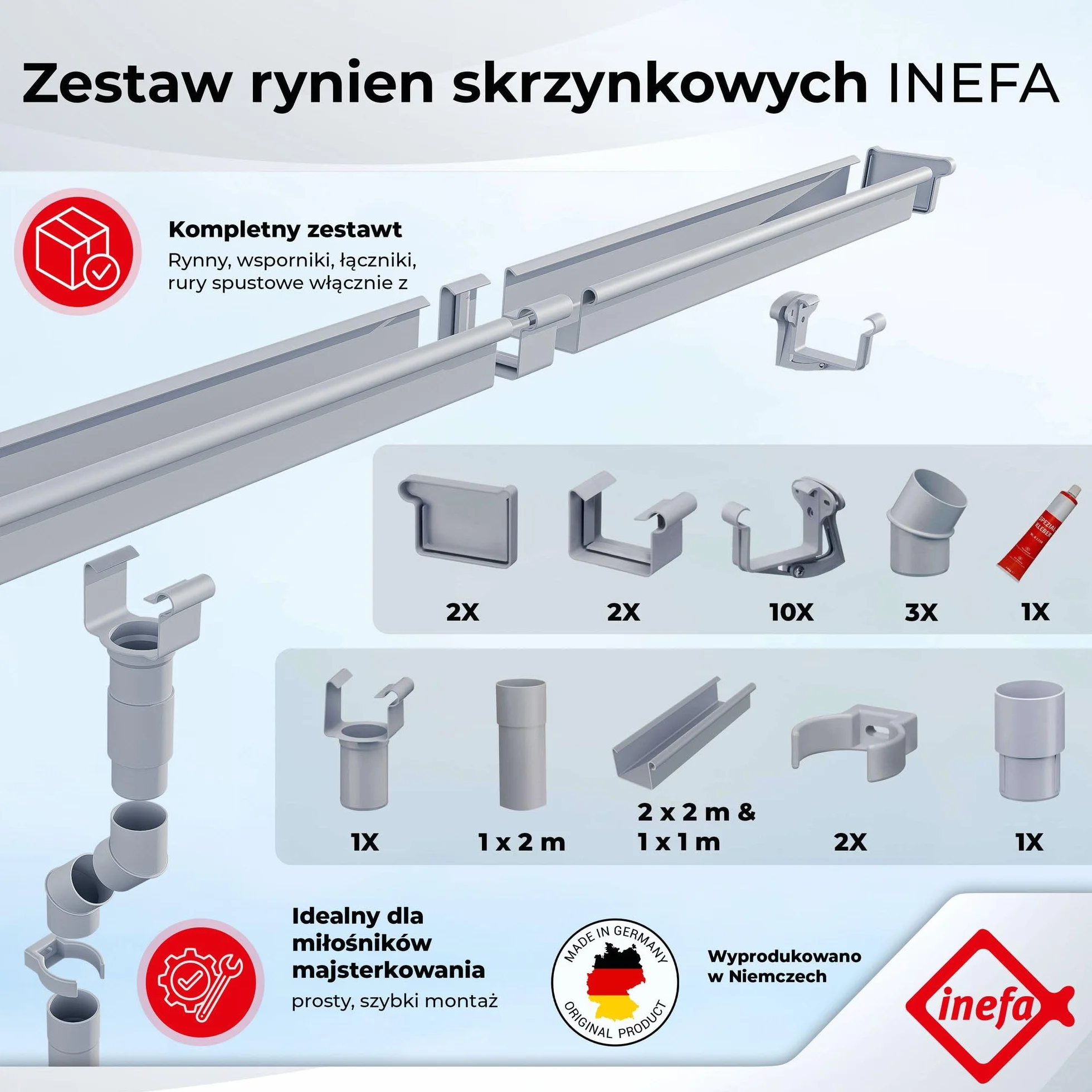 INEFA zestaw rynnowy NW68 68 mm rynna skrzynkowa 5 m brązowa PVC-U
