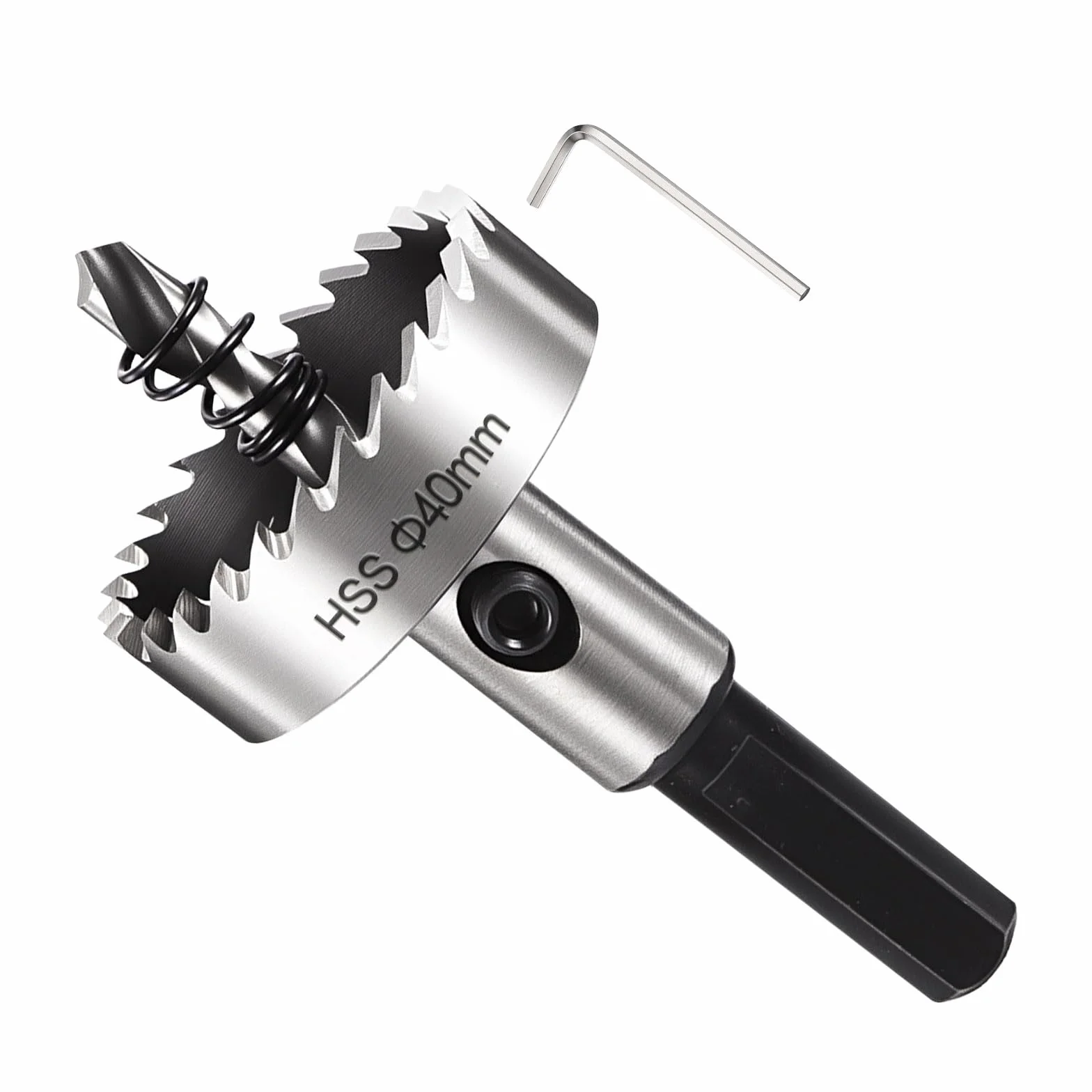 METALLIXITY Zestaw otwornic 40 mm (1-9/16"), M2 wiertła centrujące, klucz imbusowy i sprężyna - do metali o średniej twardości, drewna, tworzywa sztucznego. Srebrny