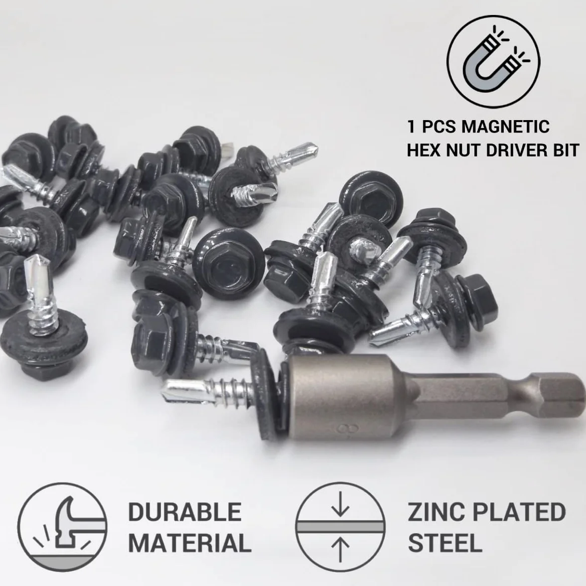 SKIR'CO (300 szt.) Metalowe śruby dachowe, 4,8 x 19 mm, malowane śruby samoniercące z podkładkami EPDM, śruba z blachy sześciokątnej (antracyt szary RAL 7016)