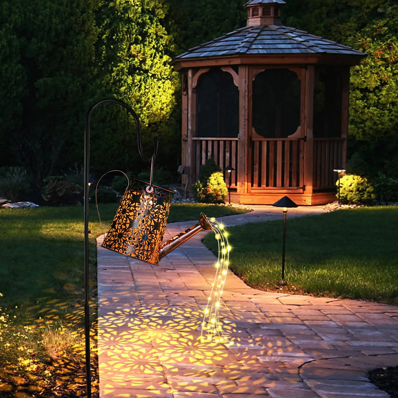 GuKKK Solarna konewka z łańcuchem świetlnym, zewnętrzna lampa solarna LED, IP65, z haczykiem, oświetlenie ogrodowe imitujące podlewanie, do ścieżki ogrodowej na dziedzińcu balkonowym, gwiazda