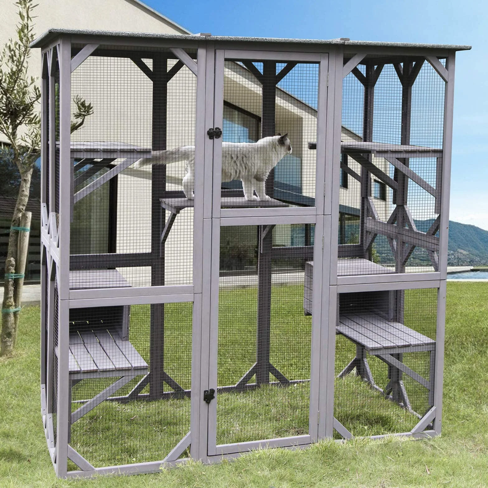 Catio Kitty Zewnętrzny domek dla kota, wybieg z bardzo dużymi drzwiami wejściowymi, drewniana klatka dla kota, kojec do mieszkania z platformami i małym domkiem