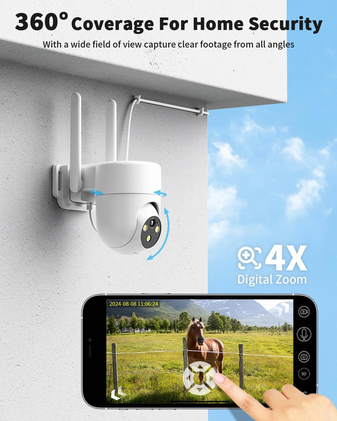 4G LTE kamera monitoringowa zewnętrzna z kartą SIM, 2K 360° PTZ IP kamera zewnętrzna, rozpoznawanie osób AI i 2-drożne audio, wodoszczelność IP66