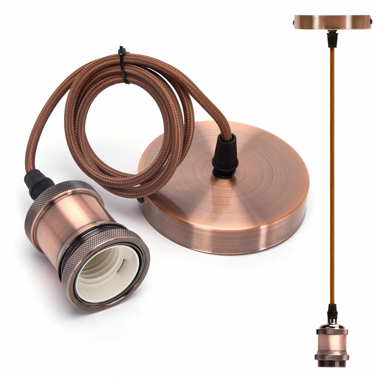 Uchwyt na lampę wiszącą Aigostar Vintage – gwint E27, kabel tekstylny 100 cm, metal w kolorze czerwonej miedzi – lampa sufitowa w stylu retro do kuchni, jadalni lub kawiarni