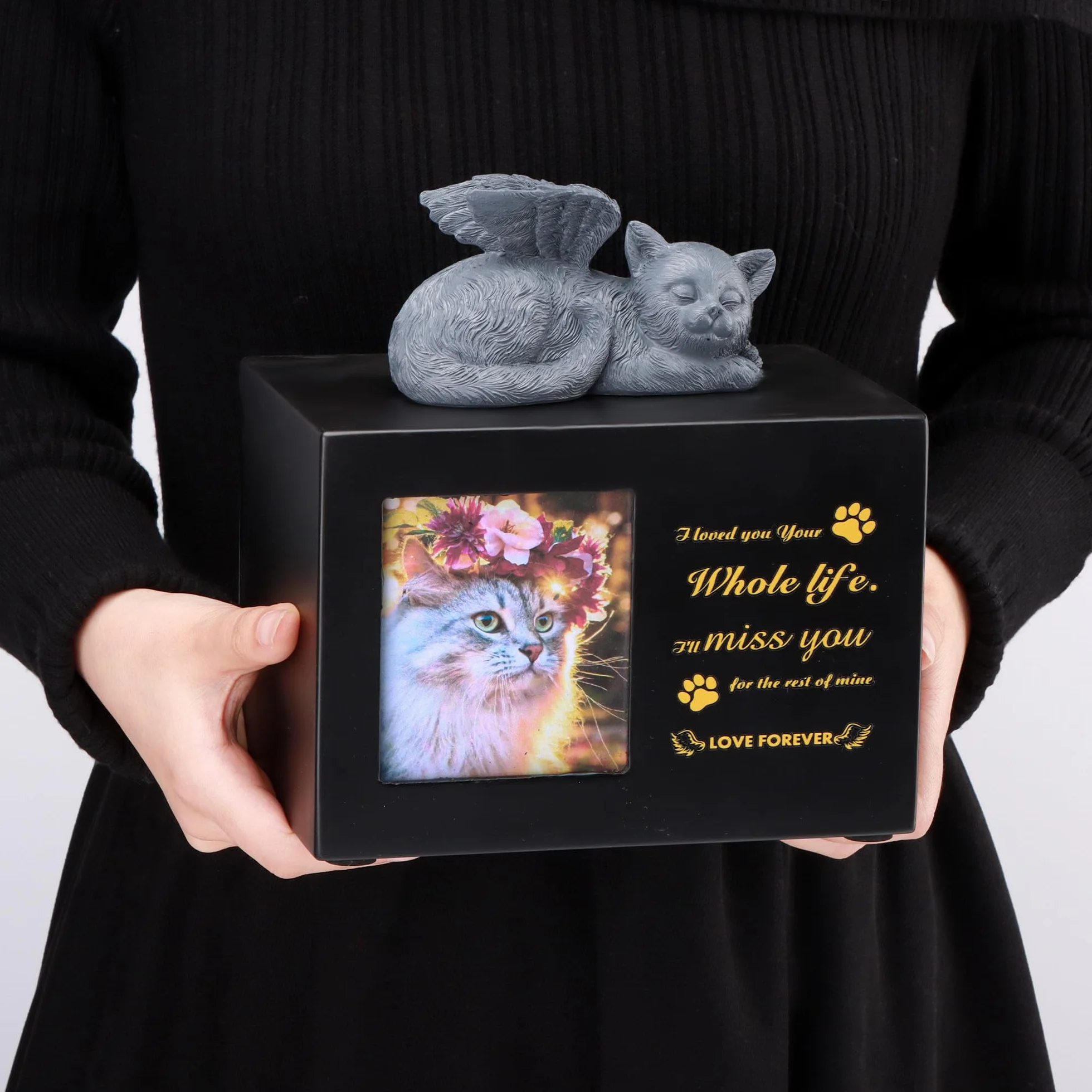 Pet Urns for Cat, Pet Memory Box, Black Wooden Cat Urns for Ashes, w zestawie z figurką kota z żywicy i aksamitną torbą do przechowywania prochów