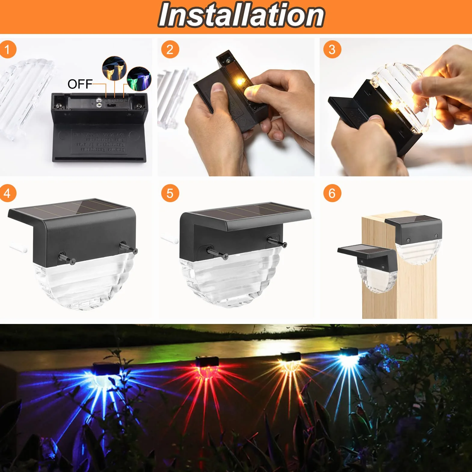 Fuqiduo Lampy solarne na zewnątrz, IP65, wodoszczelne lampy solarne z 2 trybami (ciepła biel i zmiana koloru), zasilana energią słoneczną lampa ścienna do ogrodzenia, ogrodu, tarasu, schodów – 6 sztuk
