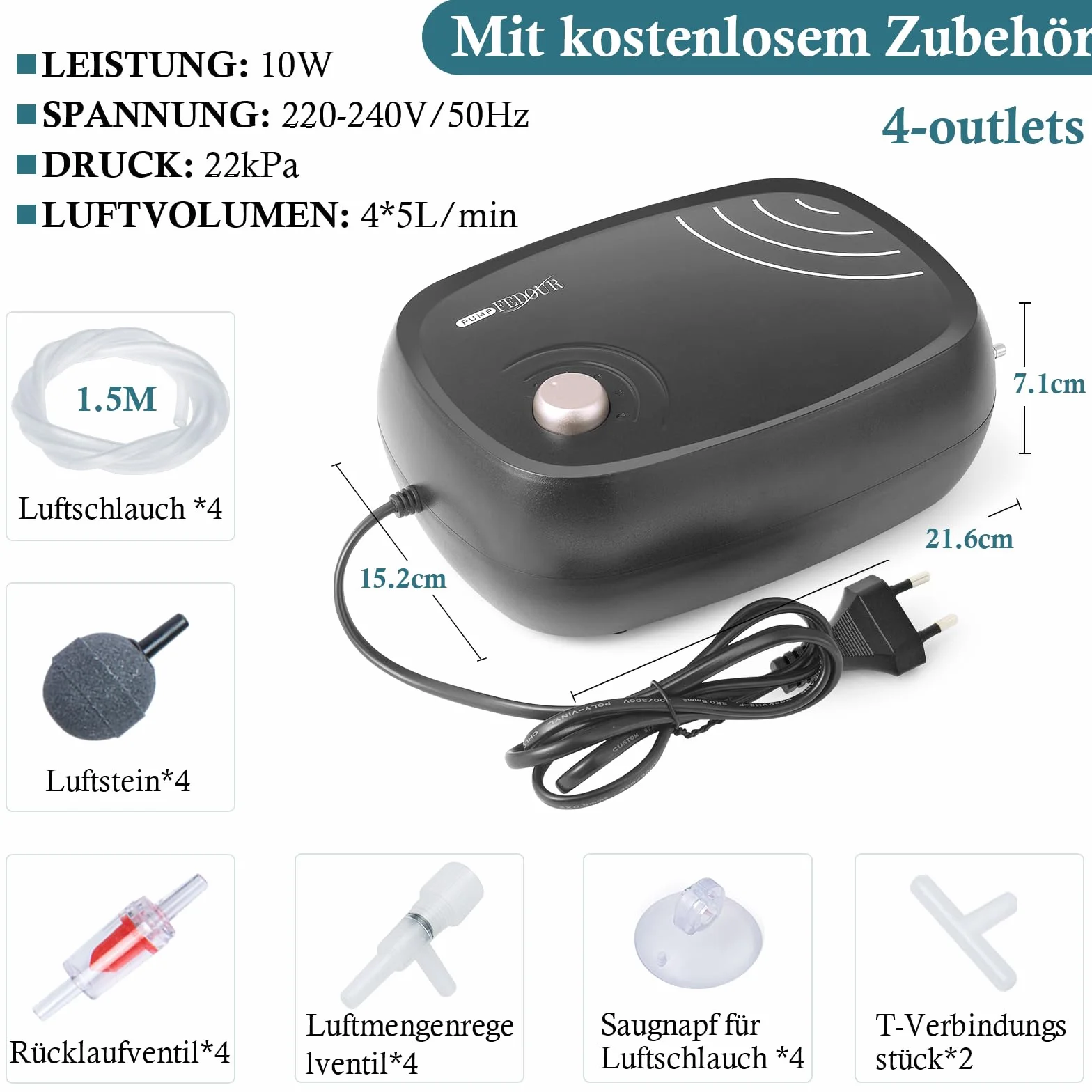 FEDOUR Pompa powietrza do akwarium o mocy 10 W: 4-wylotowe 320 GPH pompa powietrza do zbiornika na ryby