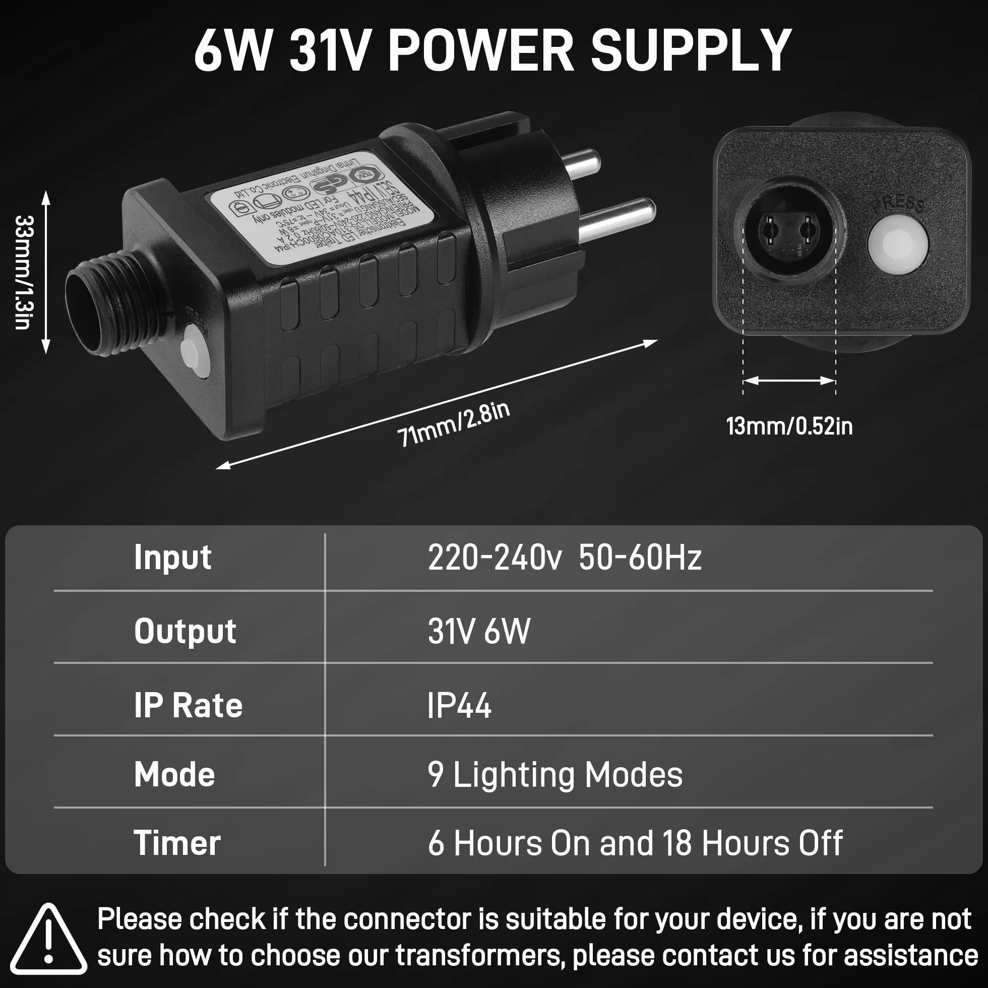 JIZZU Łańcuch świetlny na Boże Narodzenie, zasilacz sieciowy, transformator 31 V, 6 W, transformator niskiego napięcia LED z 9 trybami, funkcja timera, wyłączanie, wodoszczelność IP44, do łańcuchów
