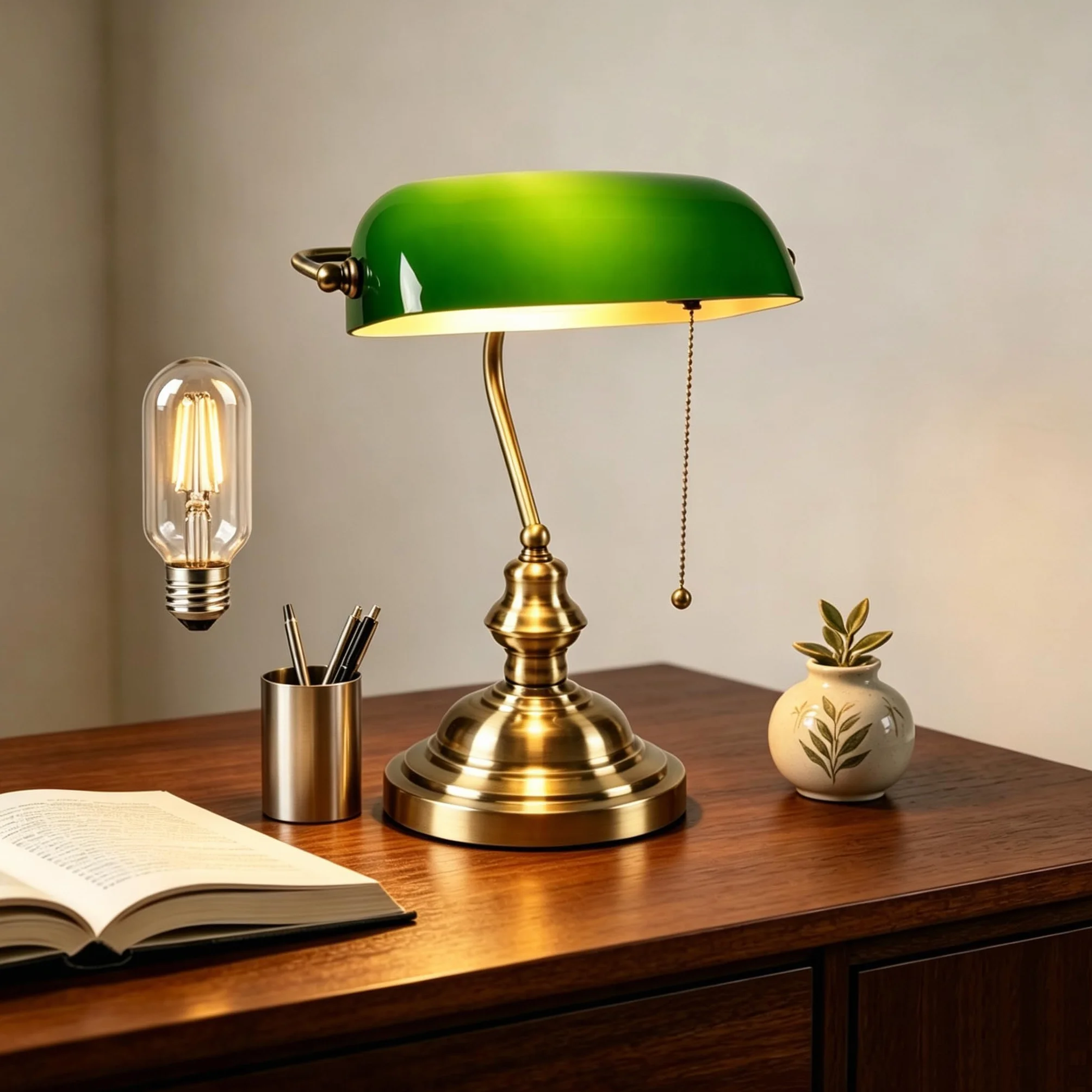 Zielona szklana lampa biurkowa Bankers, antyczne lampy biurkowe z mosiężną podstawą, lampka biurkowa w stylu vintage do biura, gabinetu (żarówka w zestawie)