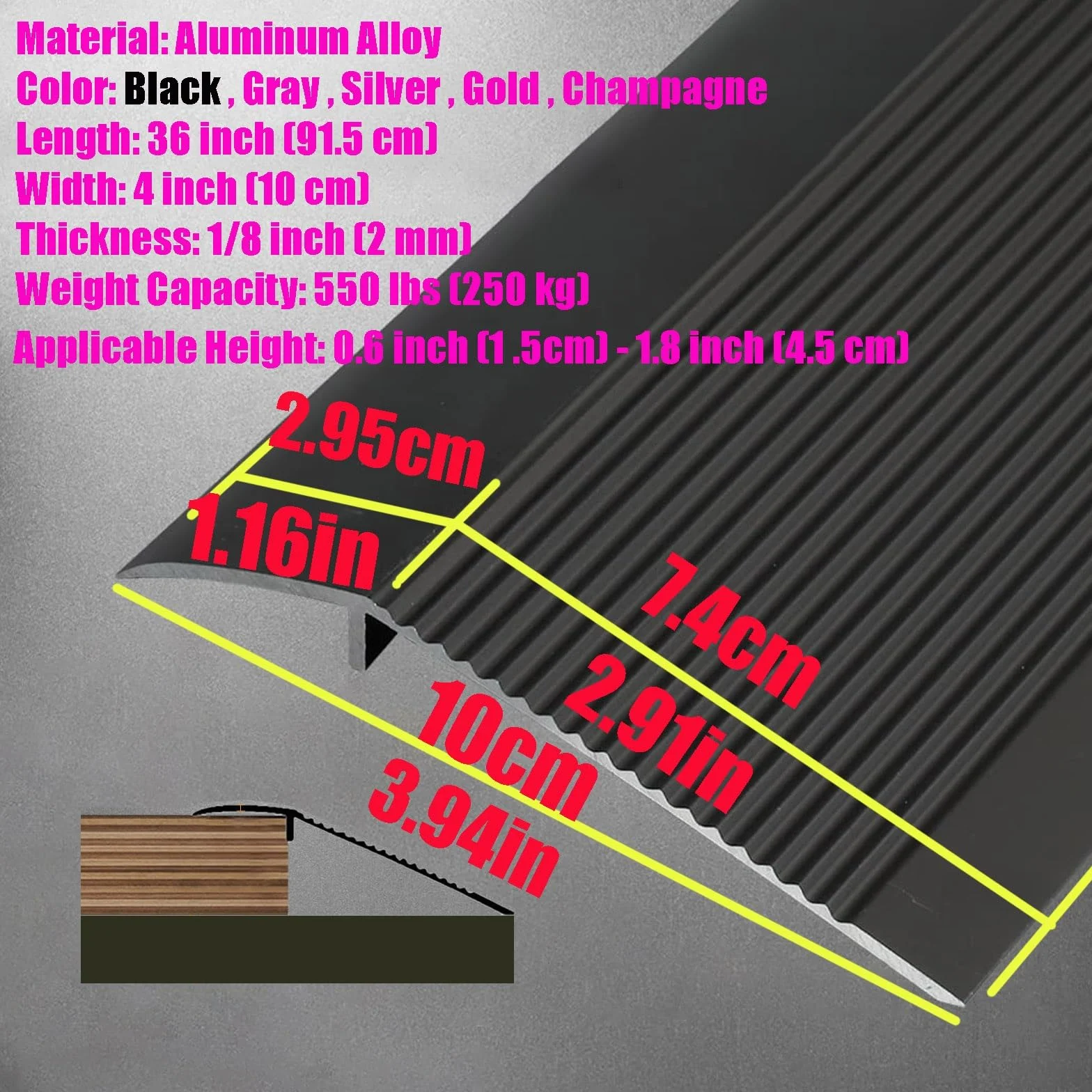 10 cm bardzo szeroka listwa przejściowa do podłogi aluminiowa, rampy progowe do drzwi, do laminatu progu krawędzi drzwi od 1,5 cm do 4,6 cm, czarny, szary, srebrny, złoty, szampański (kolor: szary