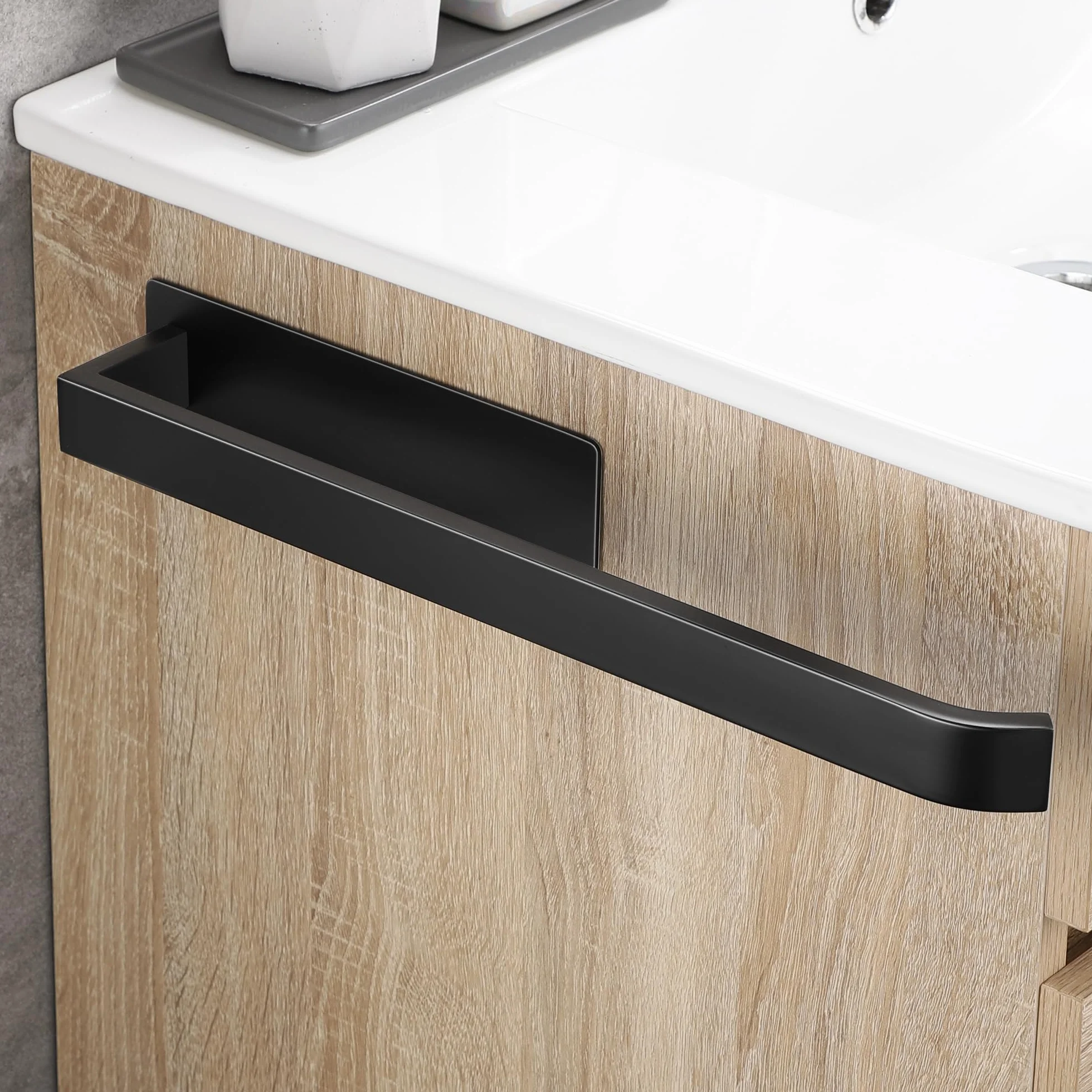 Wieszak na ręczniki, bez wiercenia, czarny, matowy, stal nierdzewna 304, wieszak na ręczniki, samoprzylepny, uchwyt na ręczniki, ścienny, stabilny, jednoręczny, szlachetny, 38 cm