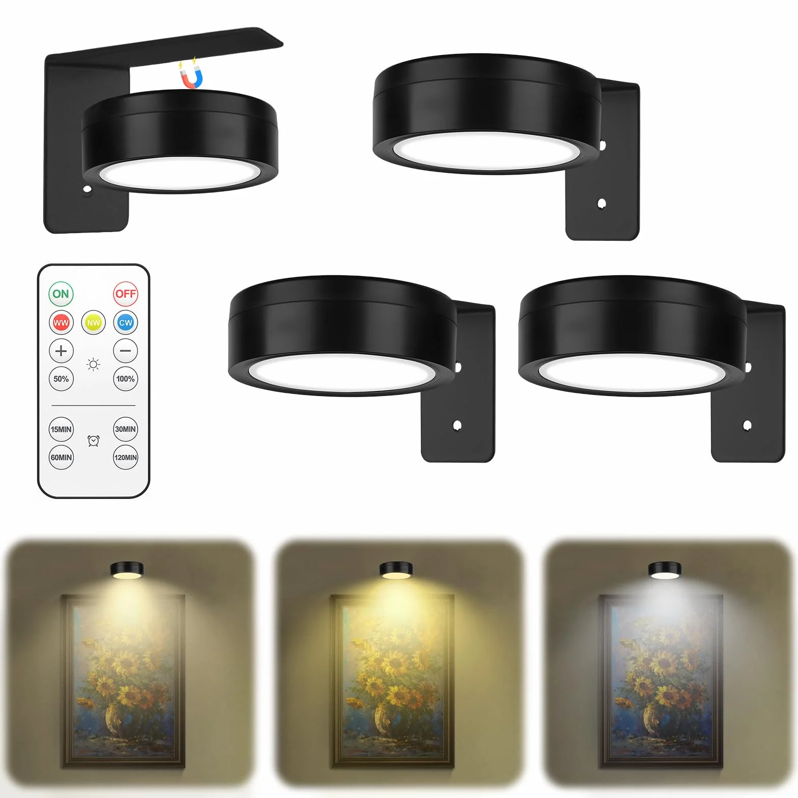 Bezprzewodowa lampa do obrazów, 3 sztuki, oświetlenie obrazu z pilotem zdalnego sterowania, magnetyczne światło do malowania z 3 trybami oświetlenia i timerem, ramka na zdjęcia, oświetlenie