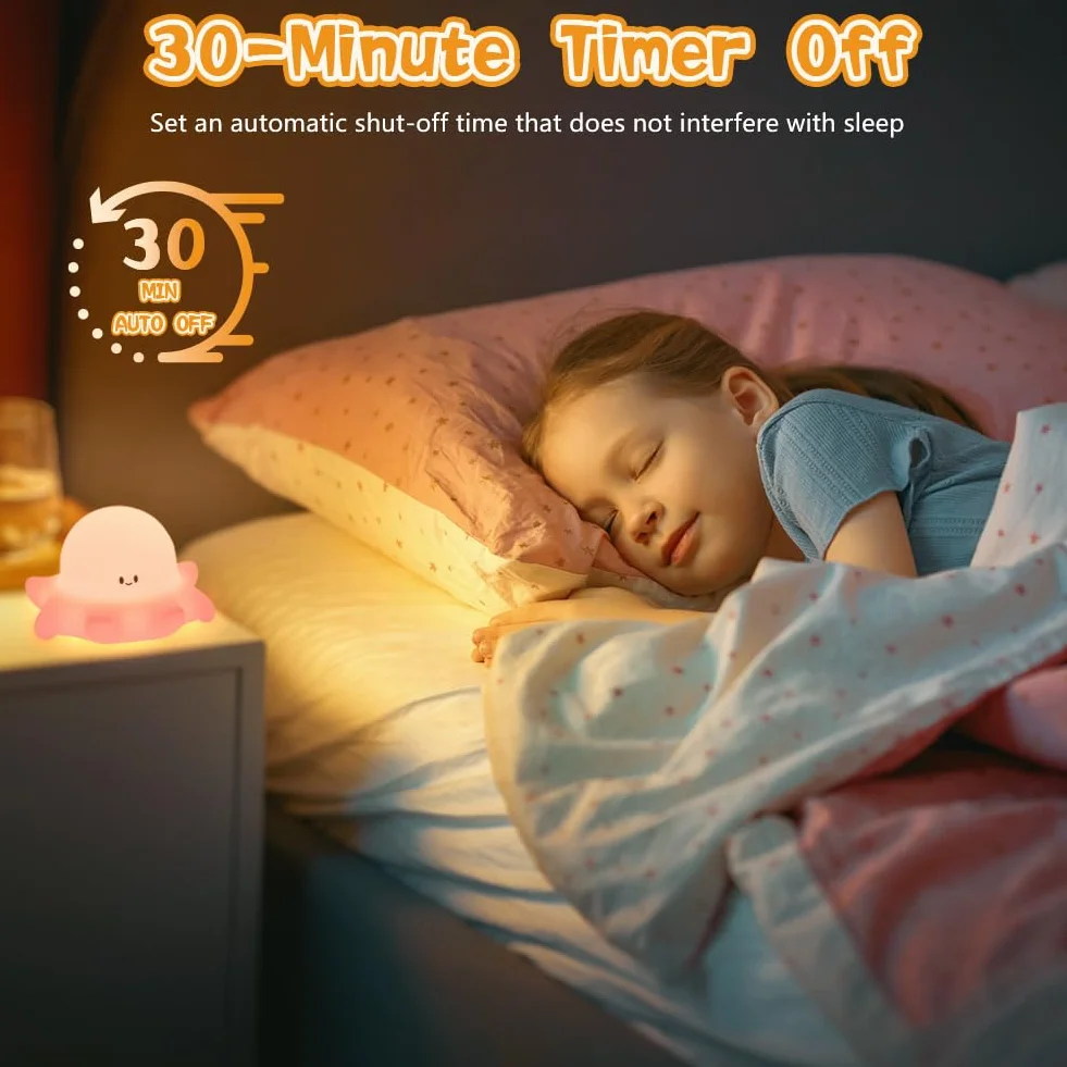 Ainiv Lampka nocna z ośmiornicą, urocza silikonowa ośmiornica dla dzieci, lampka nocna ładowana przez USB, 3 poziomy jasności, timer 30 minut, przenośna lampka nocna do pokoju dziecięcego, sypialni