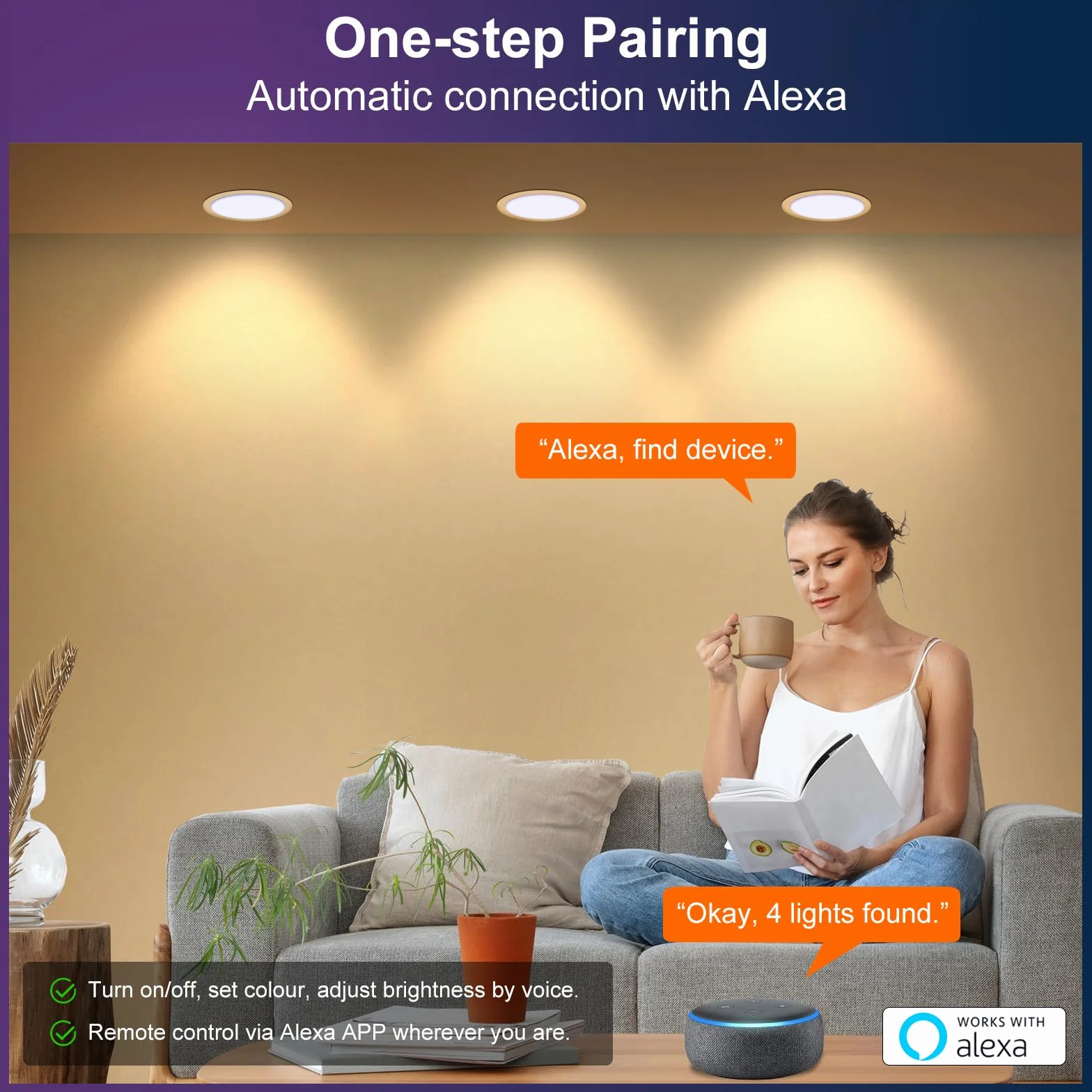 DUSKTEC Wbudowany reflektor LED Alexa Bluetooth, 220 V, wielokolorowe oświetlenie sufitowe RGB 68 mm, możliwość ściemniania, ciepła i zimna biel, 7 W, IP44, reflektor sufitowy LED łazienkowy