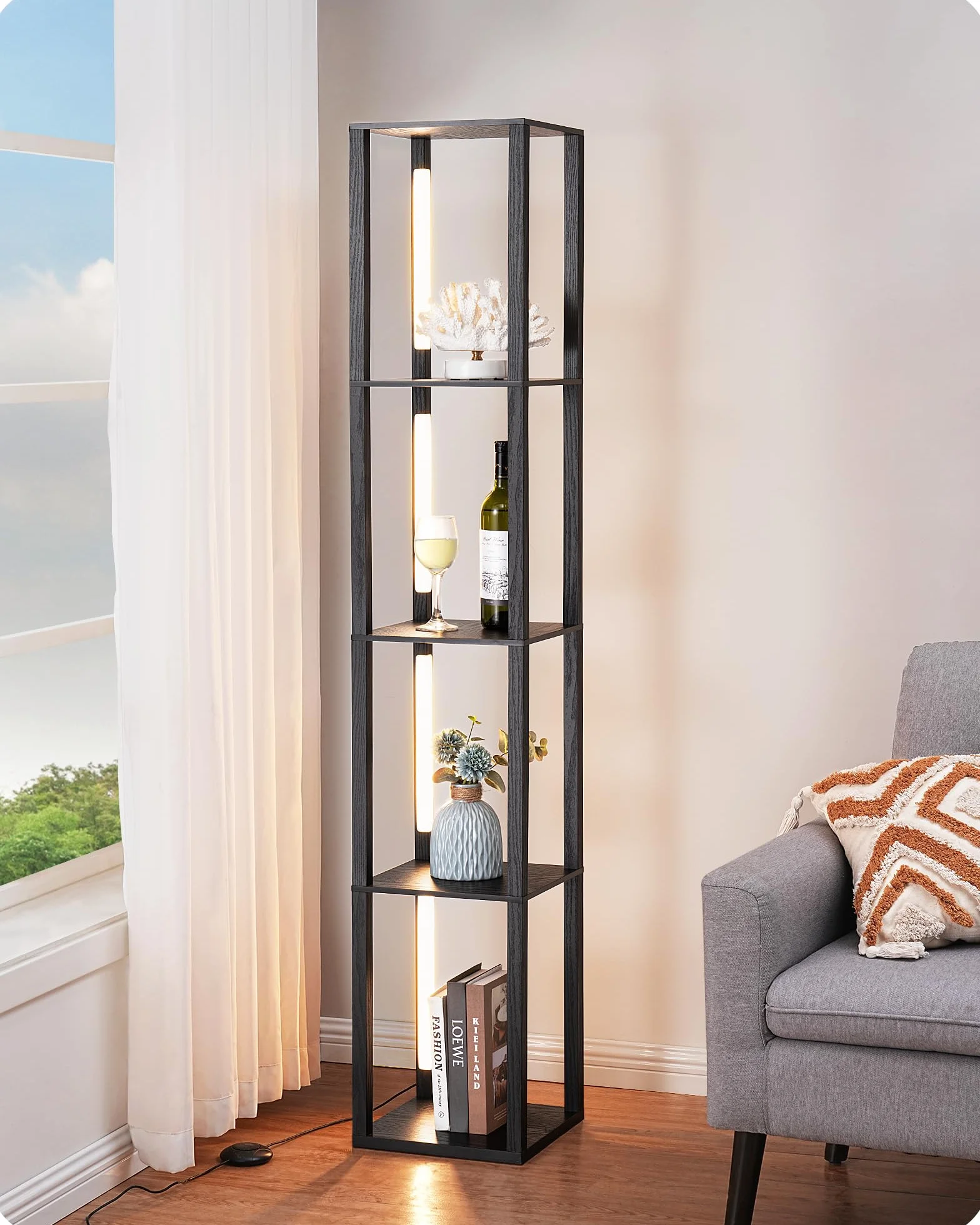 EDISHINE Lampa stojąca z regałem, możliwość ściemniania, 3 temperatury barwowe, 20 W, 1530 lumenów, 163 cm, regał narożny z obracanymi diodami LED o 360° i przełącznikiem nożnym, nowoczesne