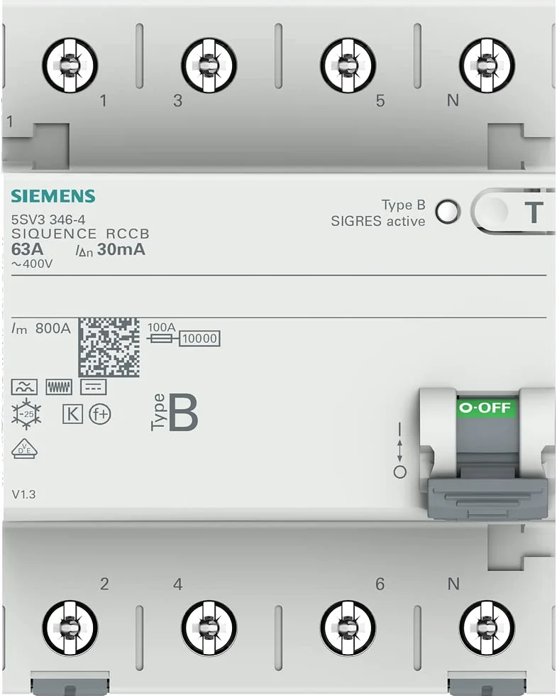 Siemens 5SV33464 wyłącznik ochronny FI 3P+N typ B krótki czas opóźniony 30 mA 63 A 400 V