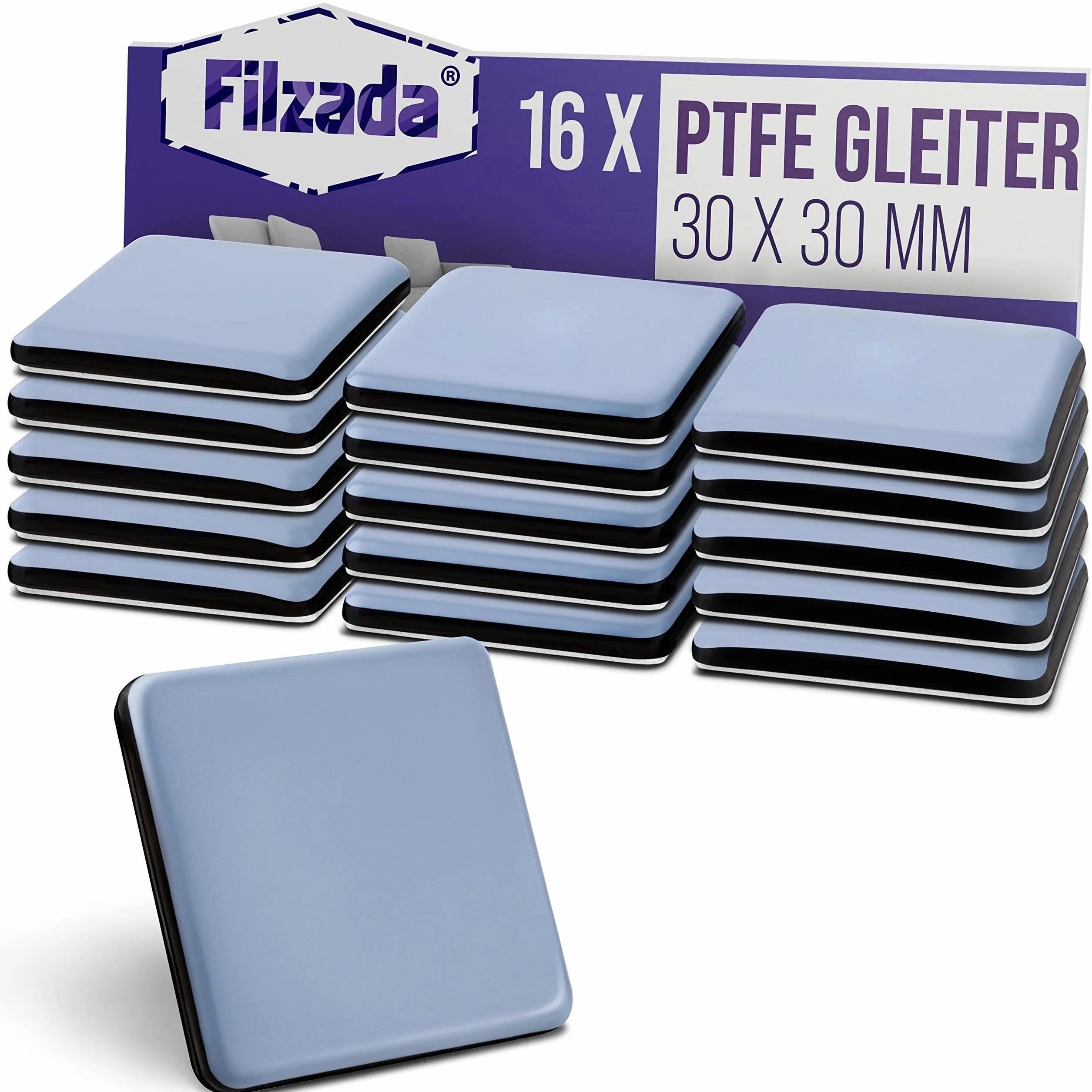 Filzada® 16x Ślizgacze teflonowe samoprzylepne - 30 x 30 mm (kątowe) - profesjonalne ślizgacze meblowe/ślizgacze dywanowe PTFE (teflon)