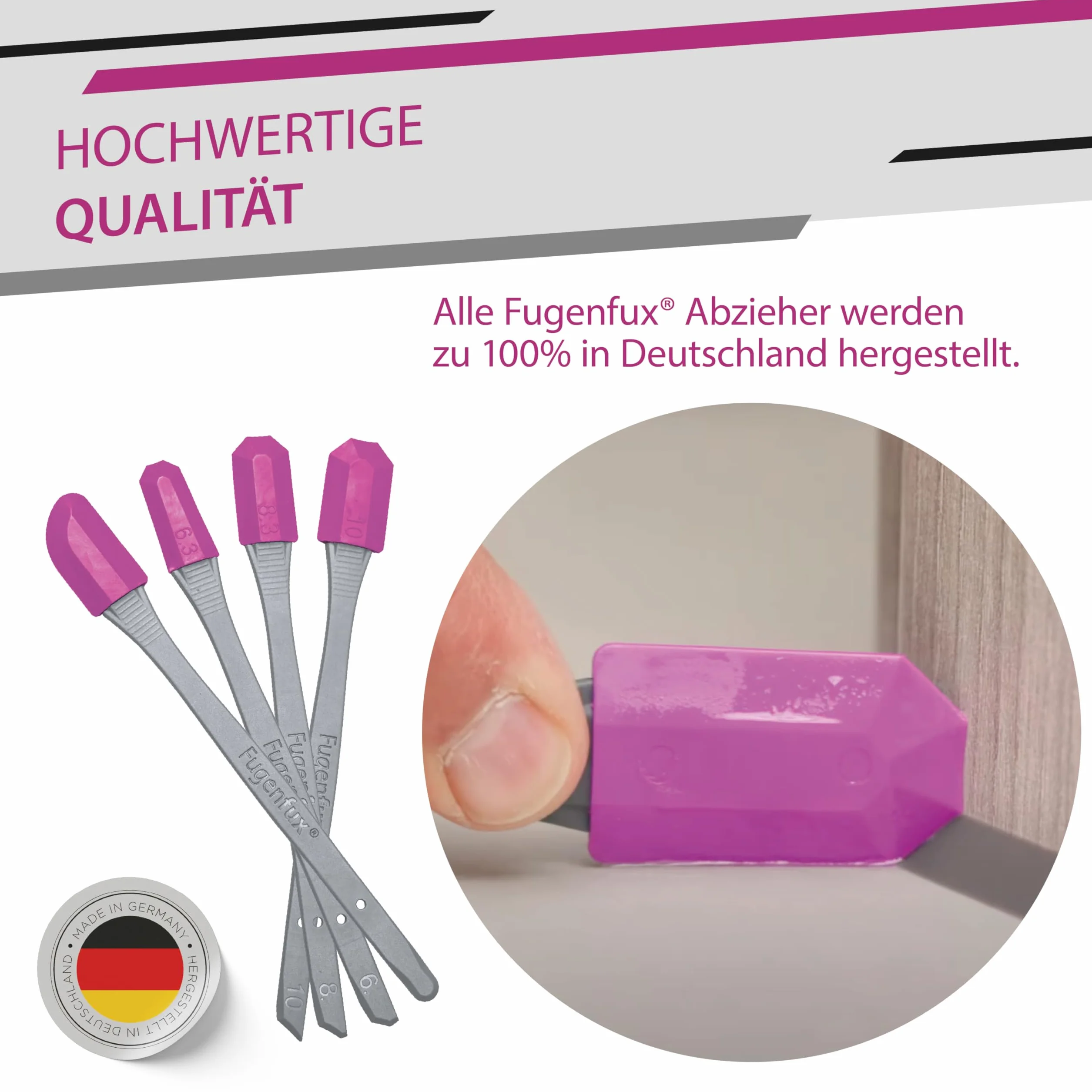 FUGENFUX® DIAGO 4-częściowy zestaw – wygładzanie fug | ściągacz do bardzo wąskich miejsc | 4 specjalne głowice do fug ukośnych i równoległych | Made in Germany | idealne do silikonu, akrylu i wielu