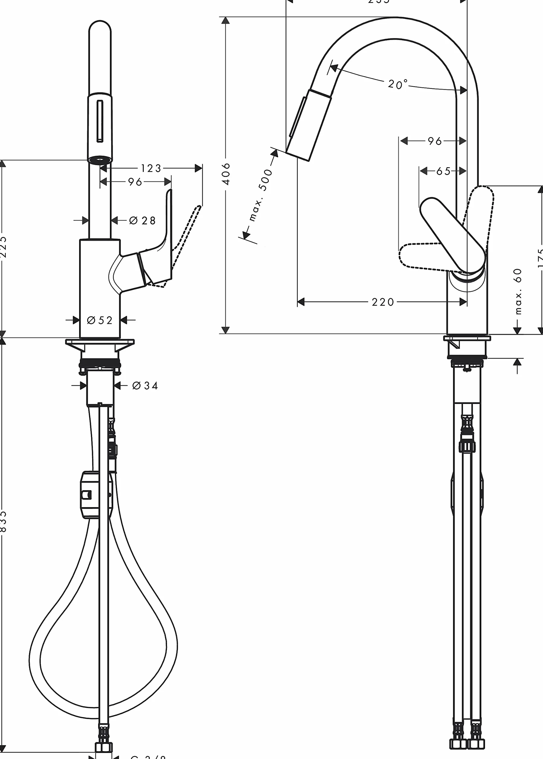 hansgrohe Focus M41 - bateria kuchenna z wyciąganą wylewką, 2 strumieniowa, kran kuchenny z wysokością wylewki 240 mm, jednouchwytowa armatura kuchenna, chrom, 31815000