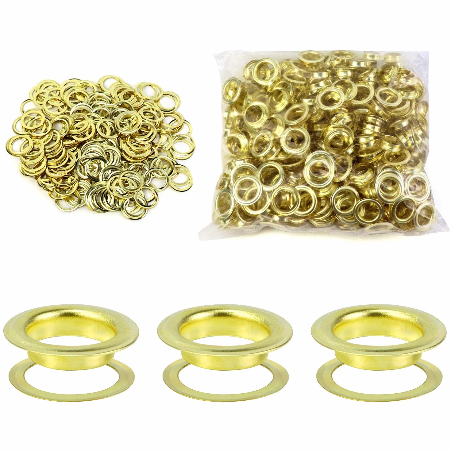 QWORK Zestaw narzędzi do przelotek, 500 sztuk przelotek i 500 sztuk podkładek do oczek, 10 mm (3/8 cala), do butów, odzieży, plandek z tkaniny skórzanej, Gold