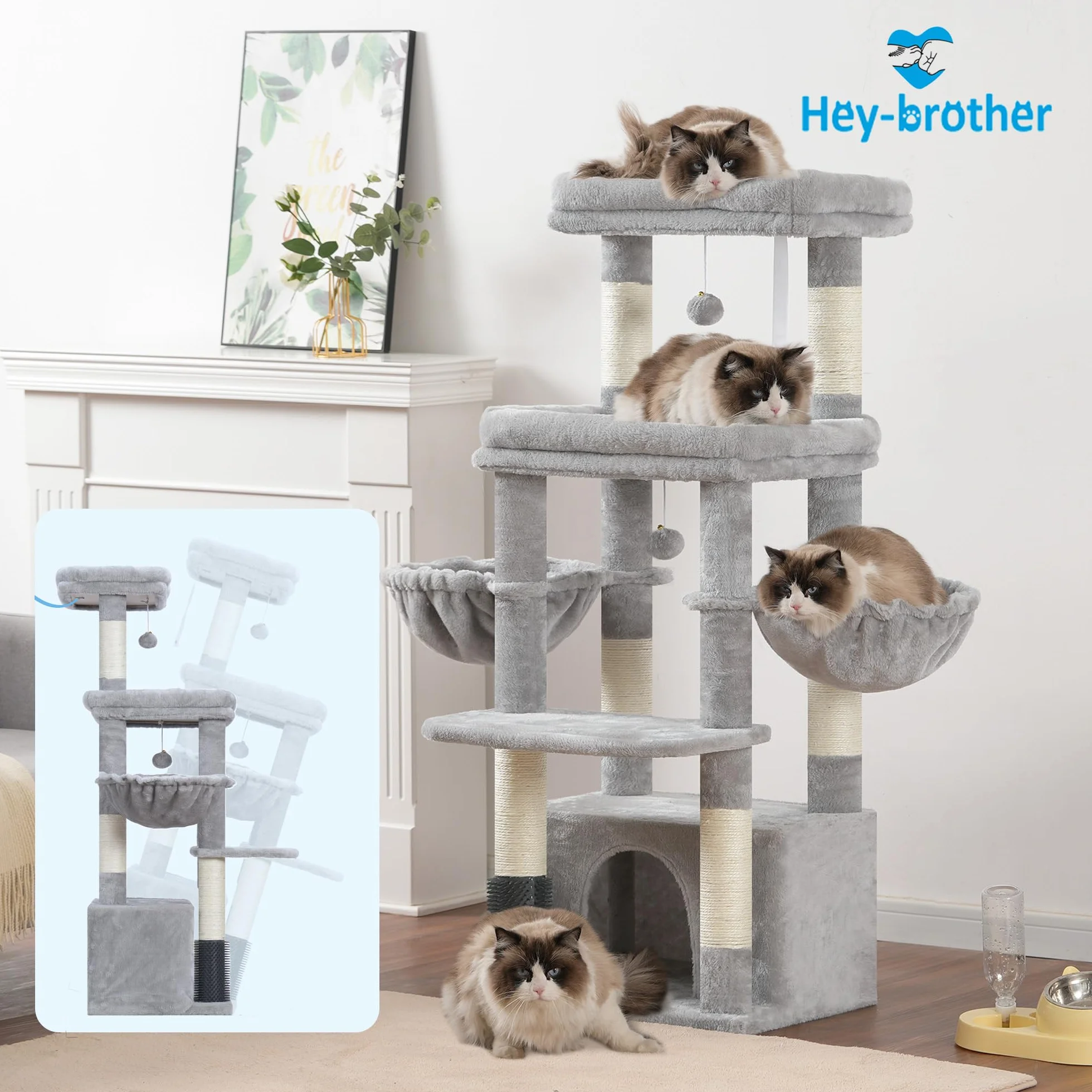 Hey-brother Drapak dla dużych kotów i kotów Maine-Coon, wielopoziomowy, stabilny drapak dla kota z 2 dużymi platformami, 2 koszami dla kotów, duża jaskinia, maszyna do czesania, jasnoszary MPJ070W