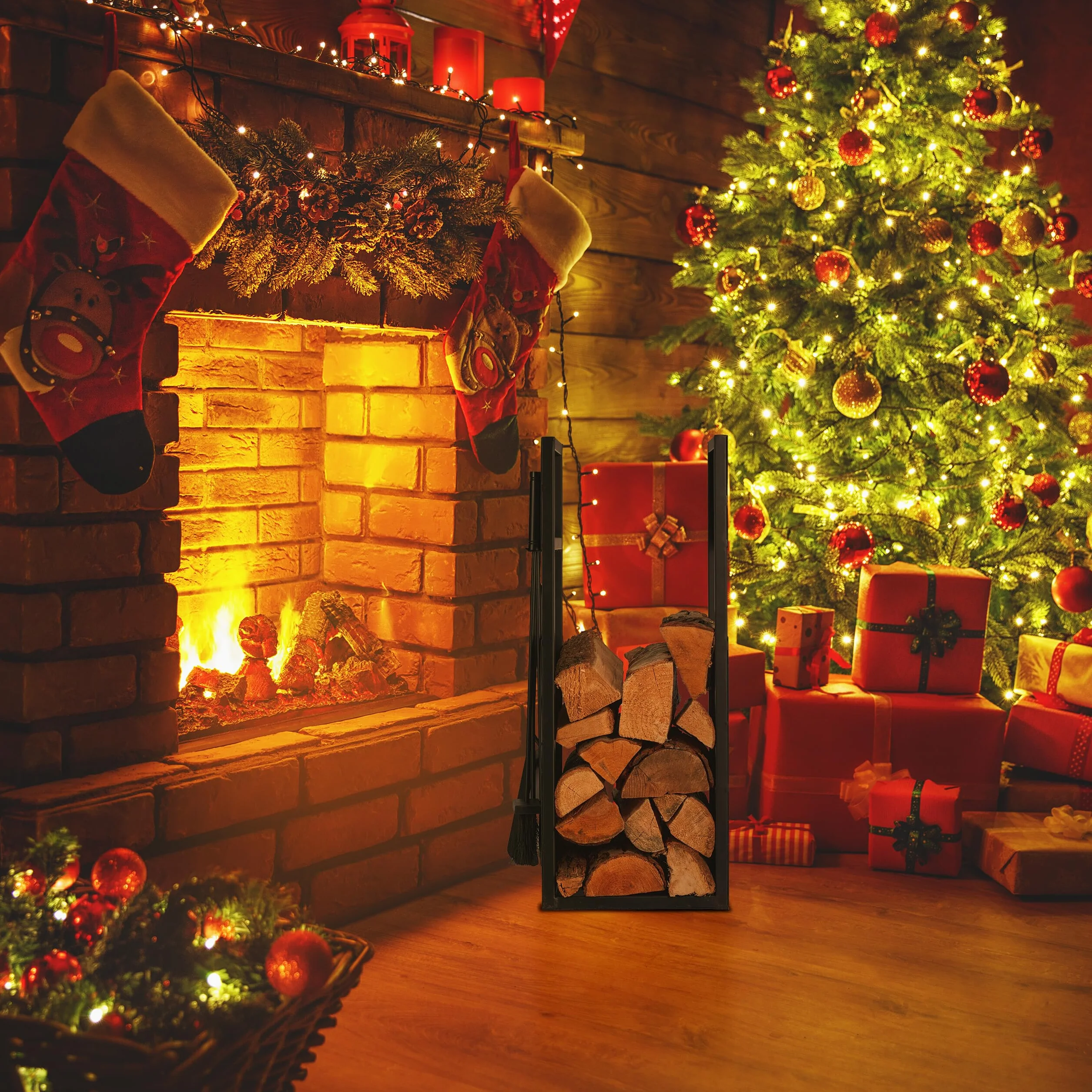 Relaxdays, czarny, regał na drewno kominkowe ze sztućcami, metal, wys. x gł.: 76,5 x 36 x 30 cm, regał na drewno opałowe, drewno, żelazo, aluminium, juta