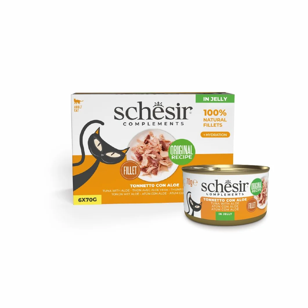 Schesir, Filety z tuńczyka z galaretką aloesową, uzupełniająca mokra karma dla kotów, oryginalna receptura, 100% naturalny, 6 puszek po 70 g