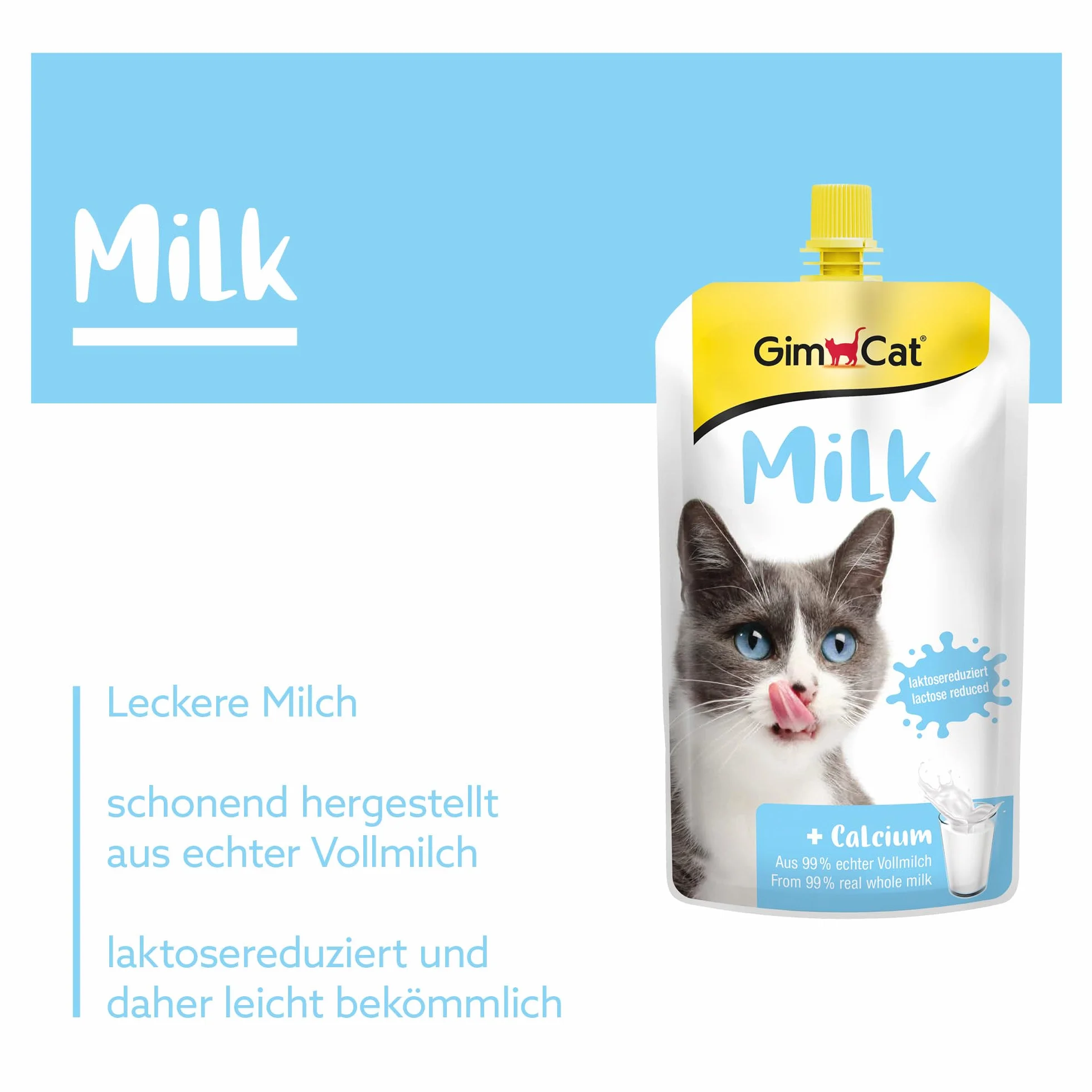 GimCat Milk - Mleko dla kotów o obniżonej zawartości laktozy, przygotowane z pełnego mleka z dodatkiem wapnia z myślą o zdrowiu kości 1 worek (1 × 200 g)