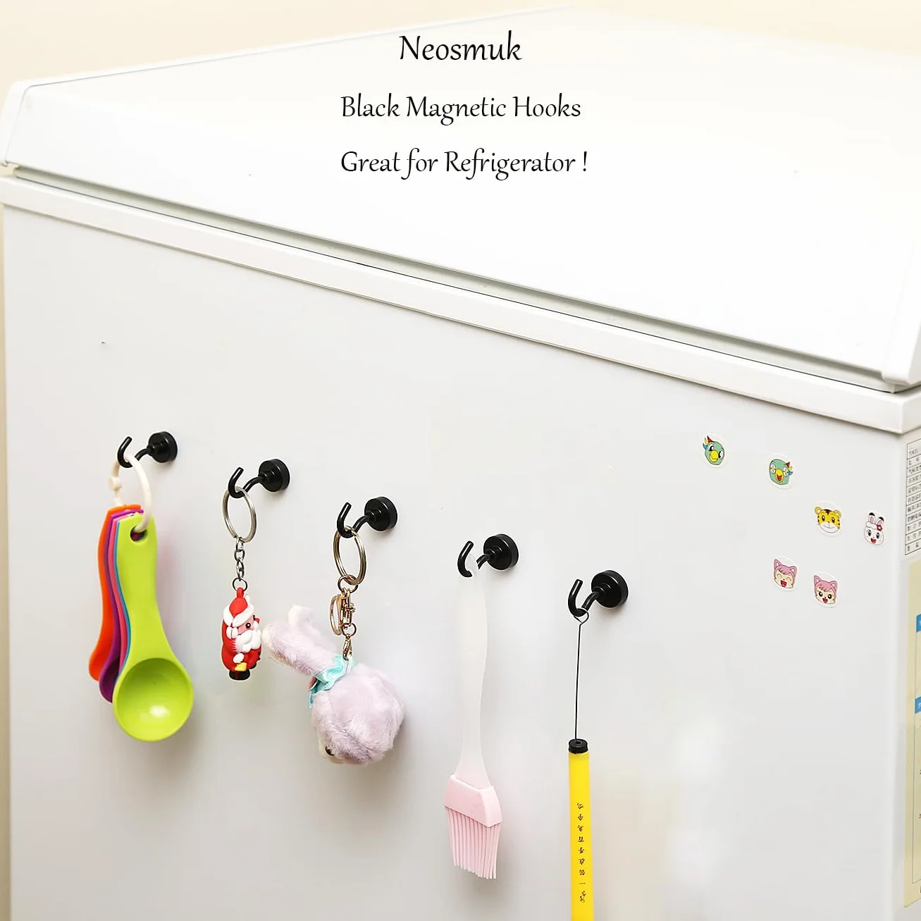 Neosmuk Czarne haczyki magnetyczne, 10 kg + wytrzymałe magnesy z haczykiem na lodówkę, bardzo mocny super hak do zawieszenia, magnetyczny wieszak na zasłony, grill, ręcznik, sufit, 6 sztuk