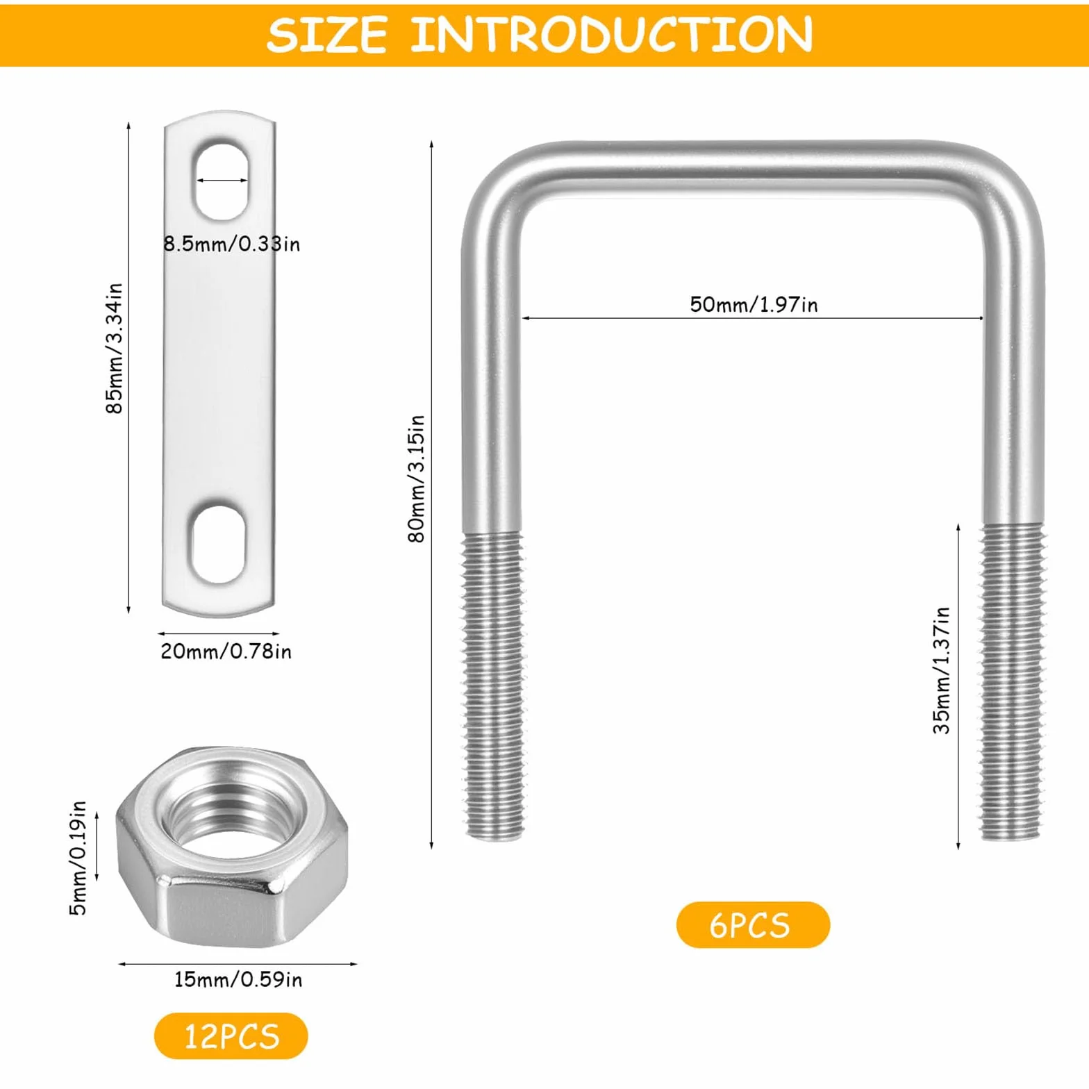 6 sztuk U Bolt, U Bolts M8 50 x 80 mm, metalowe zaciski U, kwadratowe śruby U ze stali nierdzewnej, z nakrętkami i podkładkami do mocowania rur, przyczepy samochodowe