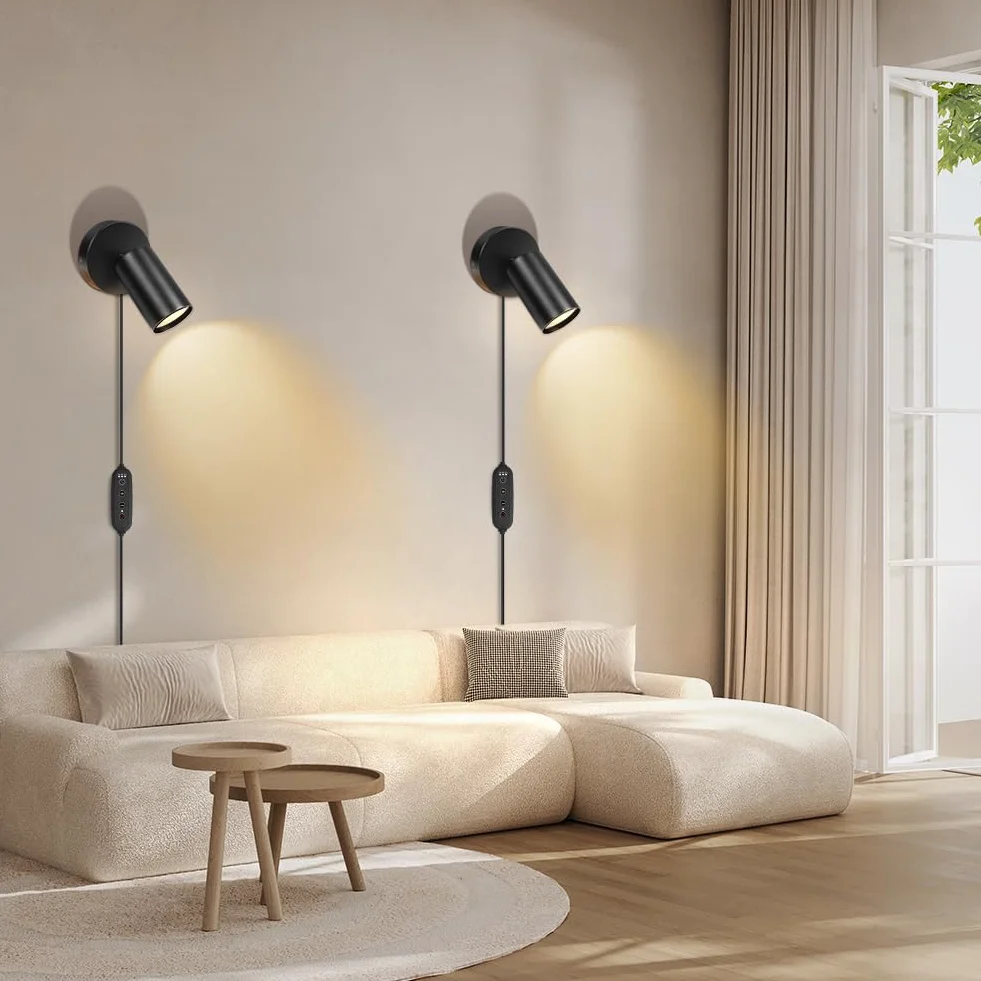 HOTUT GU10 Lampa ścienna, Lampa ścienna z wtyczką i kablem, czarny mat, obracana o 350° lampka nocna, Spot w metalu czarny, lampka do czytania, nowoczesna do sypialni, salonu, korytarz