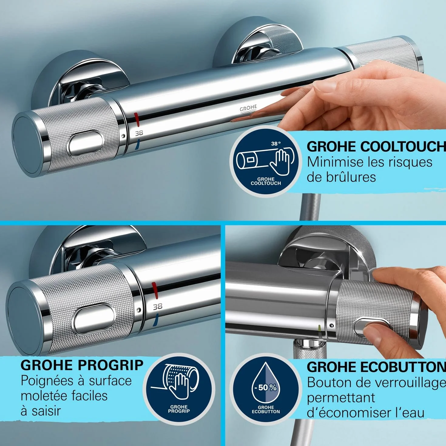 Grohe Precision Feel 34791001 zestaw prysznicowy oszczędzający wodę ~ 8 l/min (3 rodzaje strumienia, CoolTouch – bez oparzeń na termostatze, drążek prysznicowy 60 cm, w zestawie z narzędziami