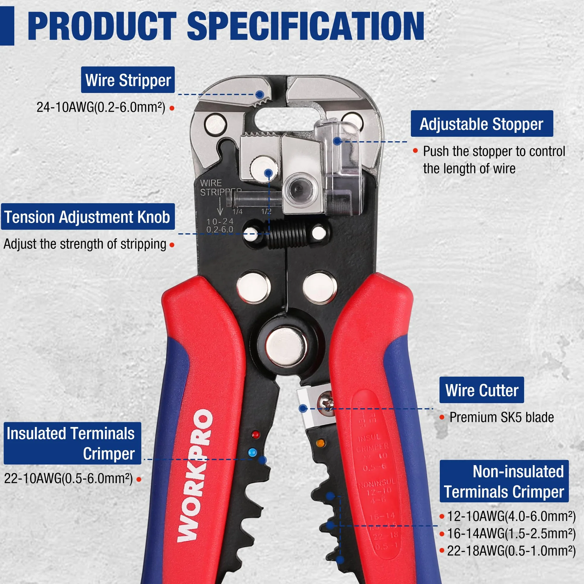 WORKPRO Pince à Dénuder Automatique 200mm 3 en 1 AWG 24-10 (0,2~6,0mm²)