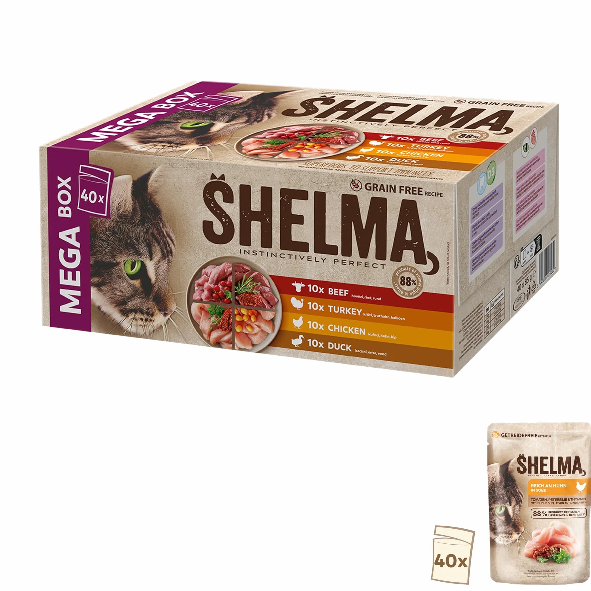 Shelma Mokra karma dla kotów mięso megapack odmiany wołowiny indyka kurczaka kaczki pełnoporcjowa bezzbożowa duża zawartość mięsa 40 x 85 g 3,4 kg