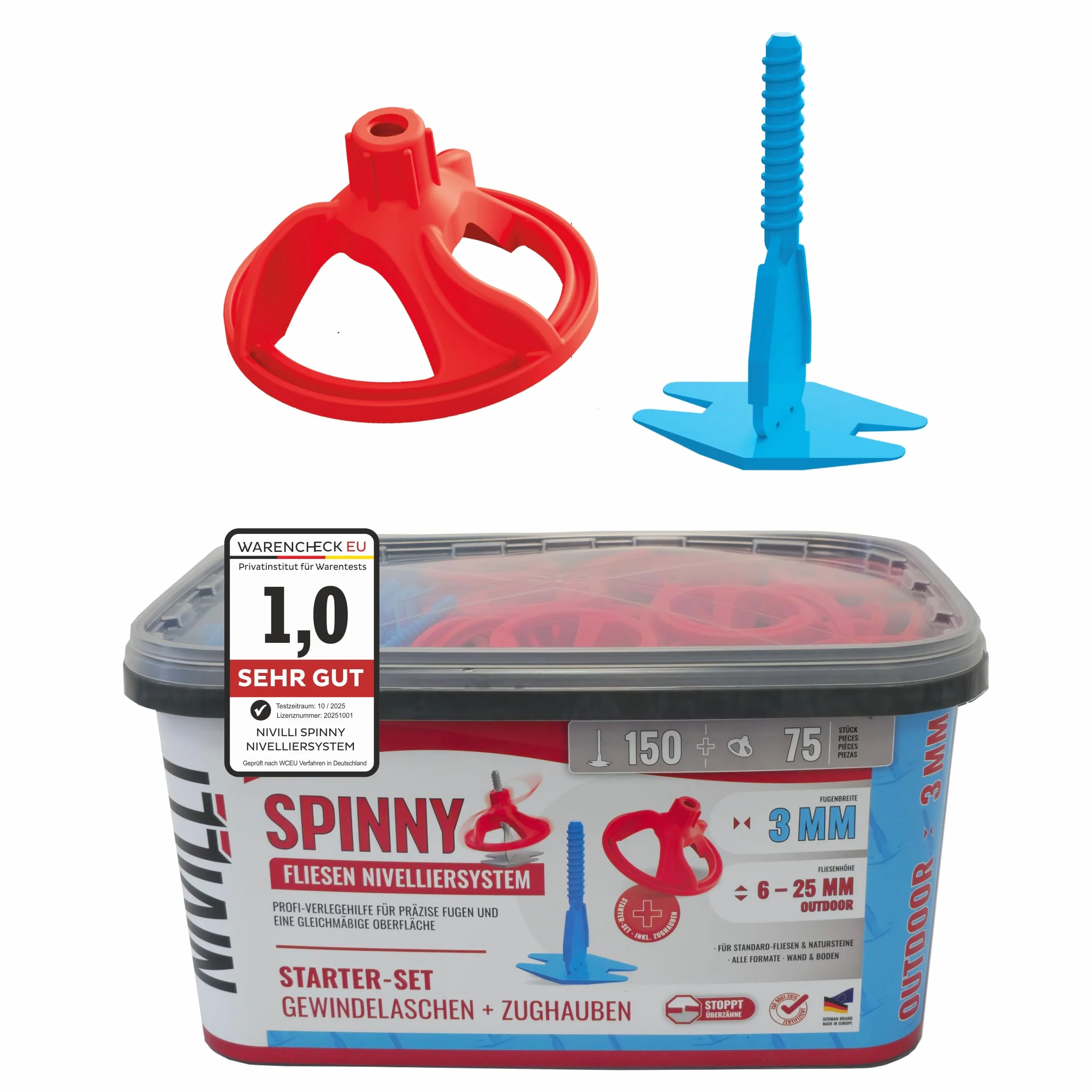 SPINNY PRO - zestaw startowy 3 mm - 150 zakładek + 75 kapturków! Profesjonalny system poziomowania, pomoc w układaniu płytek i kamienia naturalnego, kaptury do ciągnięcia + uchwyty gwintowane