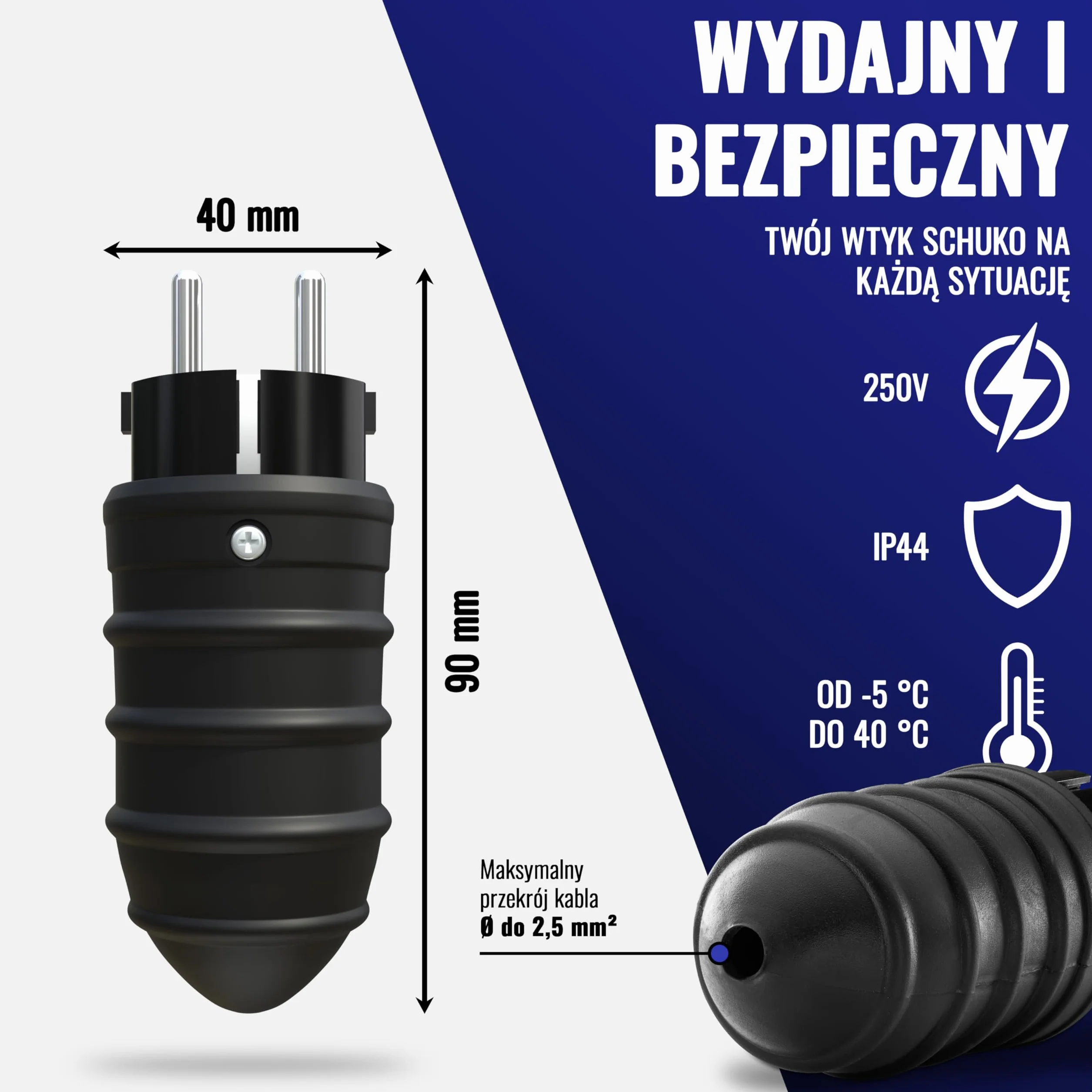 Poppstar wtyczka Schuko 250V z zabezpieczeniem przeciwzgięciowym, (2-biegunowa, 230V, 16A, IP44), wodoodporna do użytku na zewnątrz, czarna