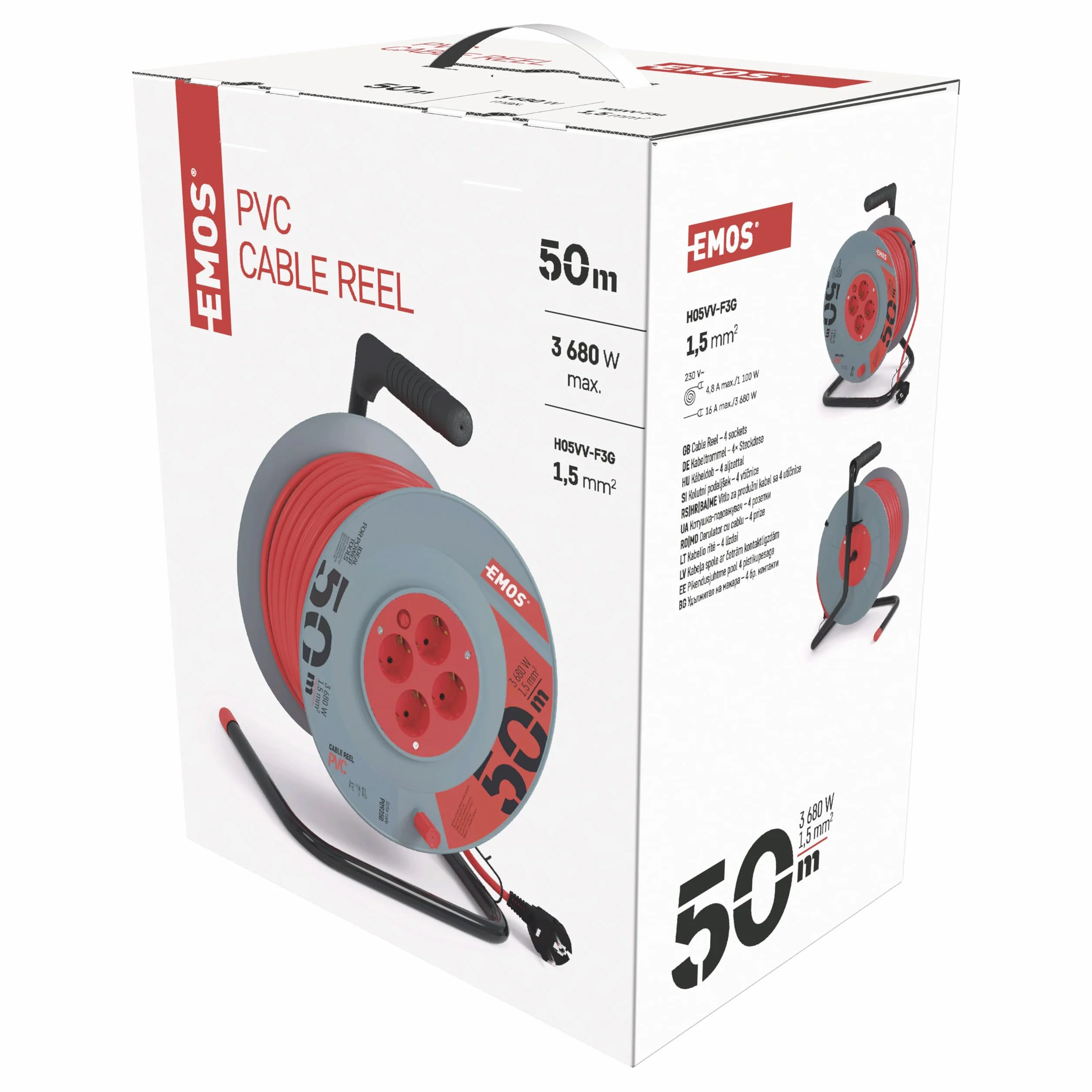 EMOS - Bęben kablowy 50 m – 4 gniazda Schuko – 230 V, 16 A, 3680 W – wysokiej jakości izolacja PCW – H05VV-F3G 1,5 mm² – zabezpieczenie przed przegrzaniem – IP20 do użytku wewnątrz pomieszczeń