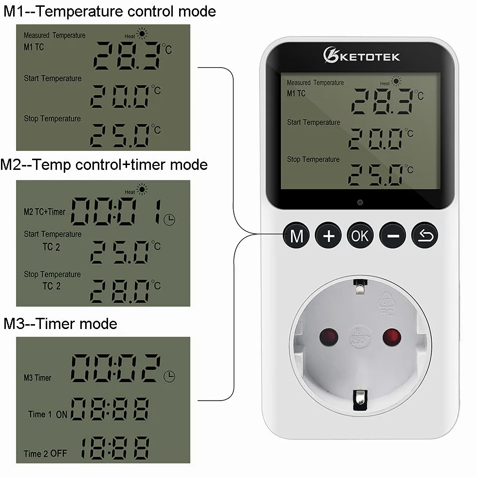 KETOTEK Wtyczka Termostatu Wylotowego z Dziennym Zegarem Nocnym Kontroler Temperatury Cyfrowego Ogrzewanie Chłodzenie 230V dla Gad Terrarium Grzałki Szklarnia Inkubator 220V