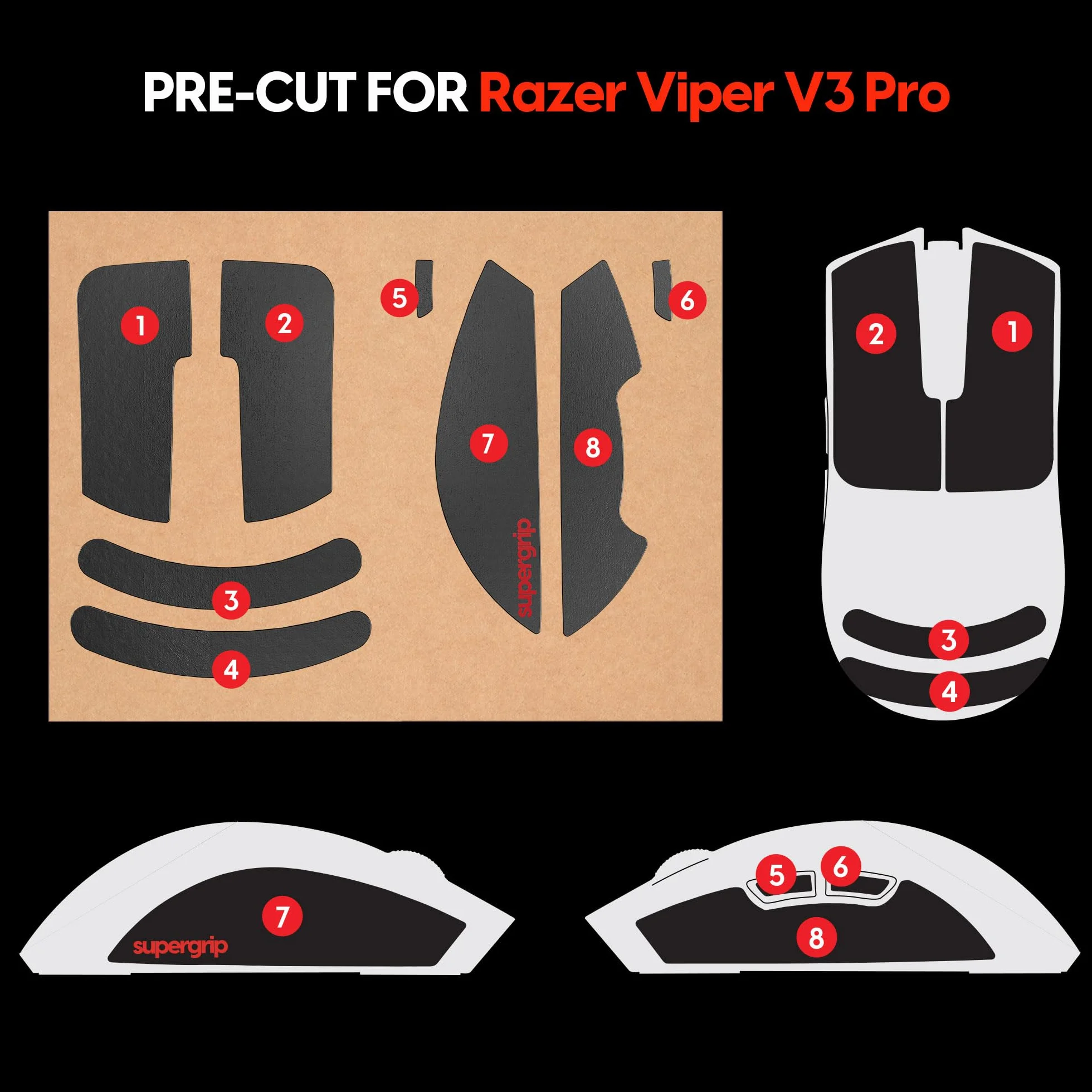 Pulsar Gaming Gears Supergrip zestaw taśm Griptape do Xlite V3, antypoślizgowy, klej 3M, 0,5 mm