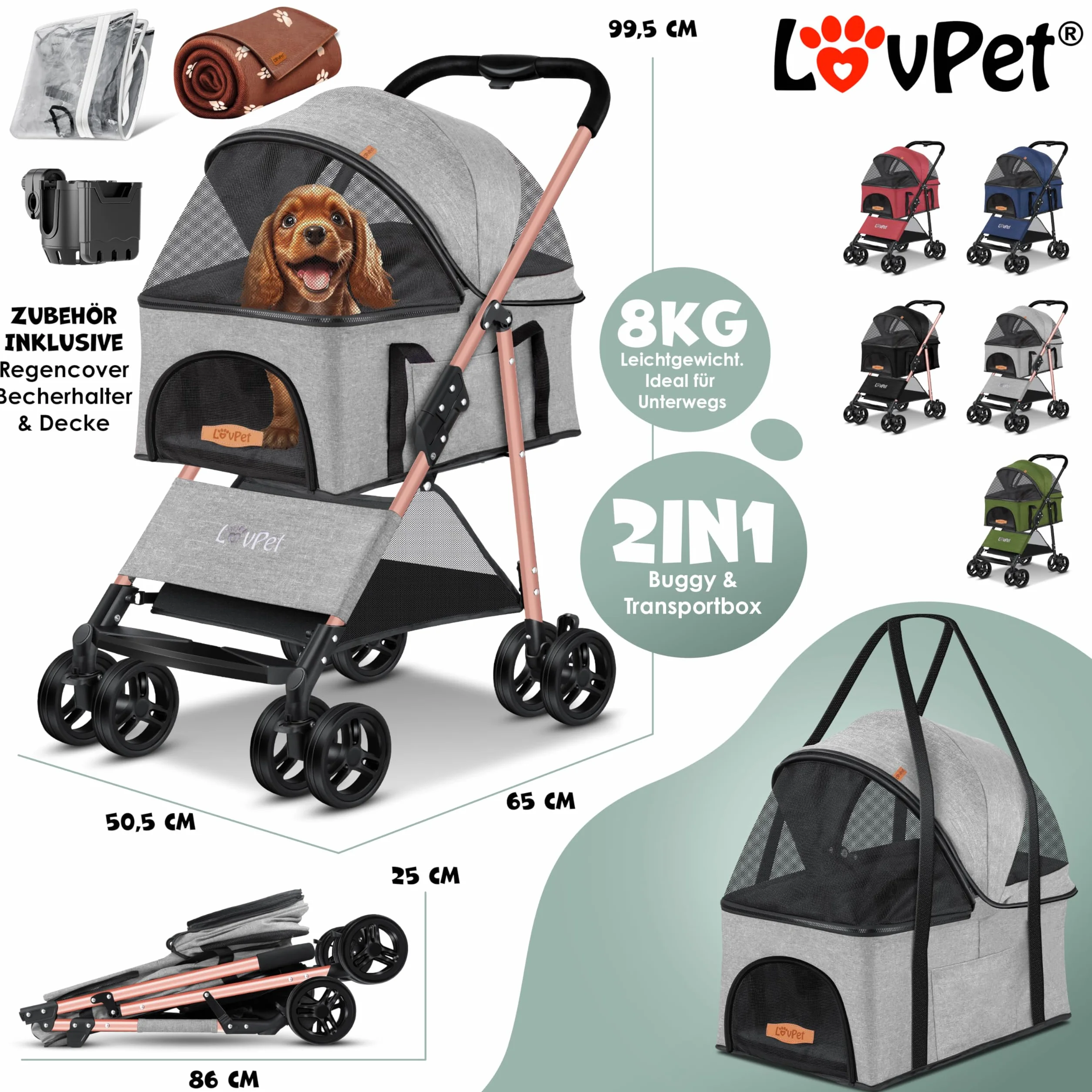 LOVPET® Wózek dla psów 2 w 1 z torbą transportową, składany, do 20 kg, spacerówka dla zwierząt domowych, z okienkami z siatki i osłoną przeciwdeszczową, do joggingu, dla małych psów, kotów