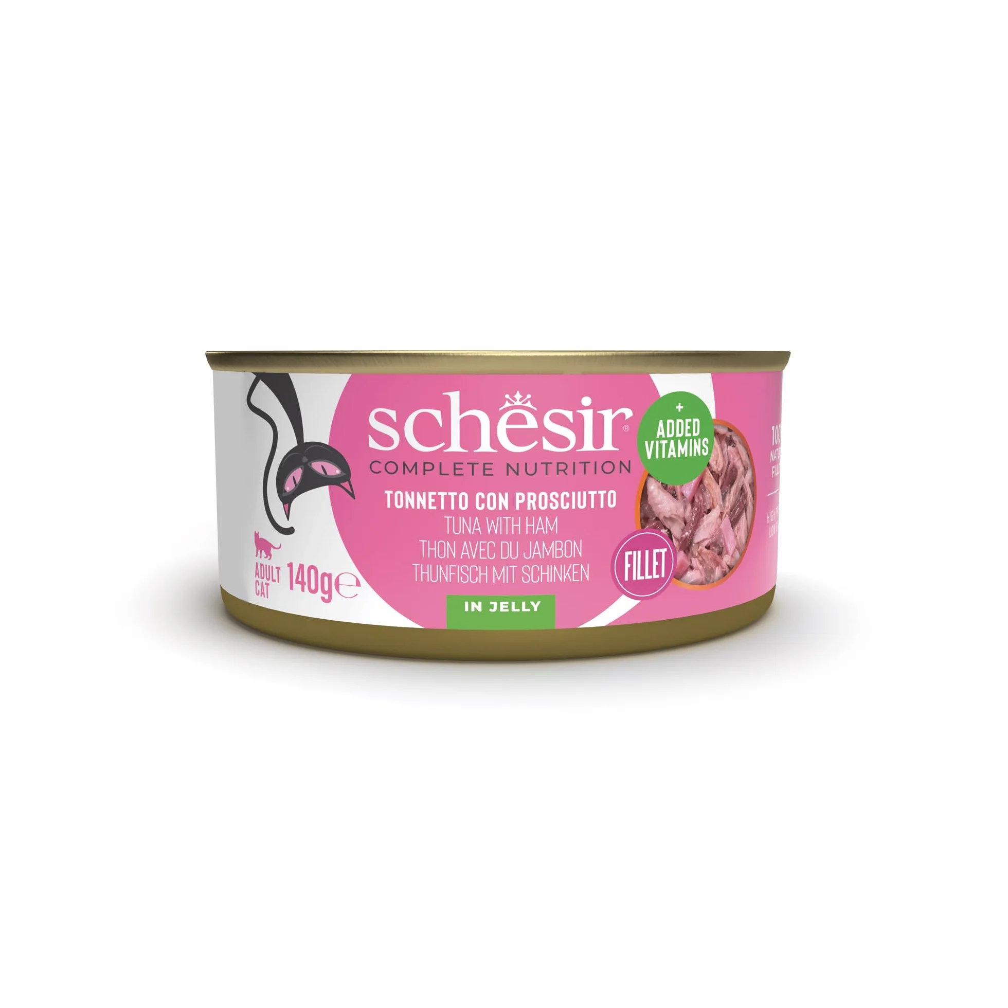 Schesir, Tuńczyk z szynką żelatynową, uzupełniająca mokra karma dla kotów, puszka, 100% naturalne składniki, wolne od okrucieństwa, 8 x 140 g