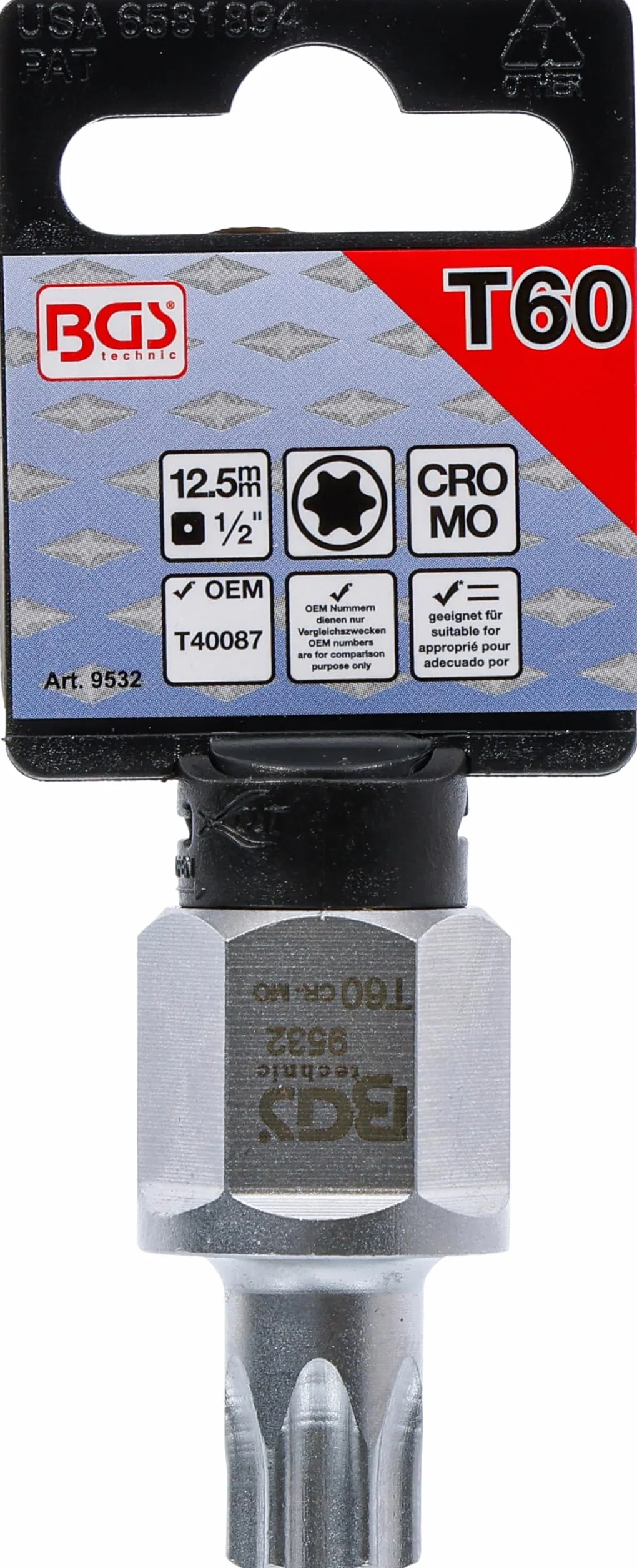 BGS 9532 | Nasadka do bitów do paska wielorowkowego | 12,5 mm (1/2"), trzpień sześciokątny 22 mm | profil T (do Torx) T60