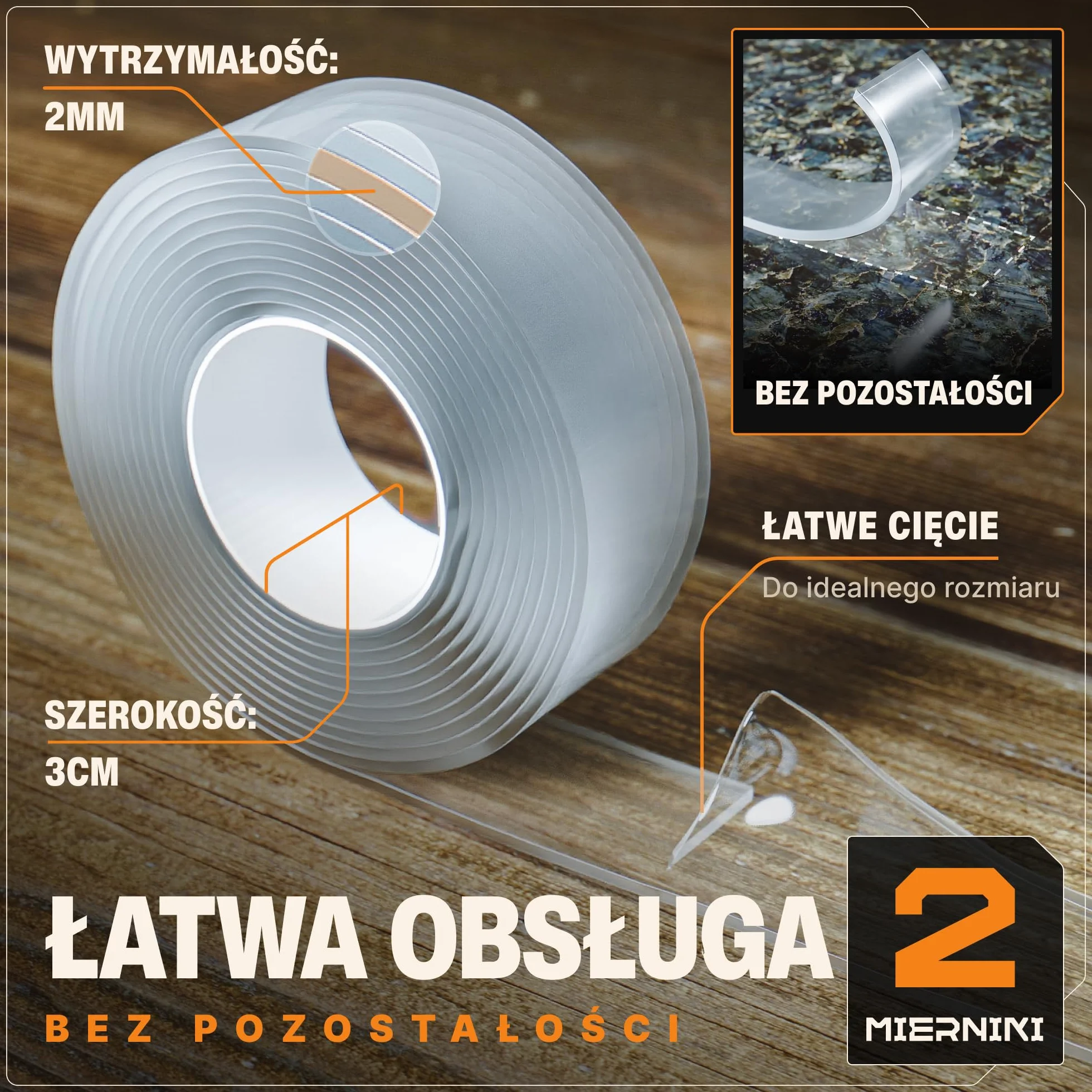 BAURIX Taśma dwustronnie klejąca 2 m - Mocna Silikonowa Nano-Taśma Przezroczysta