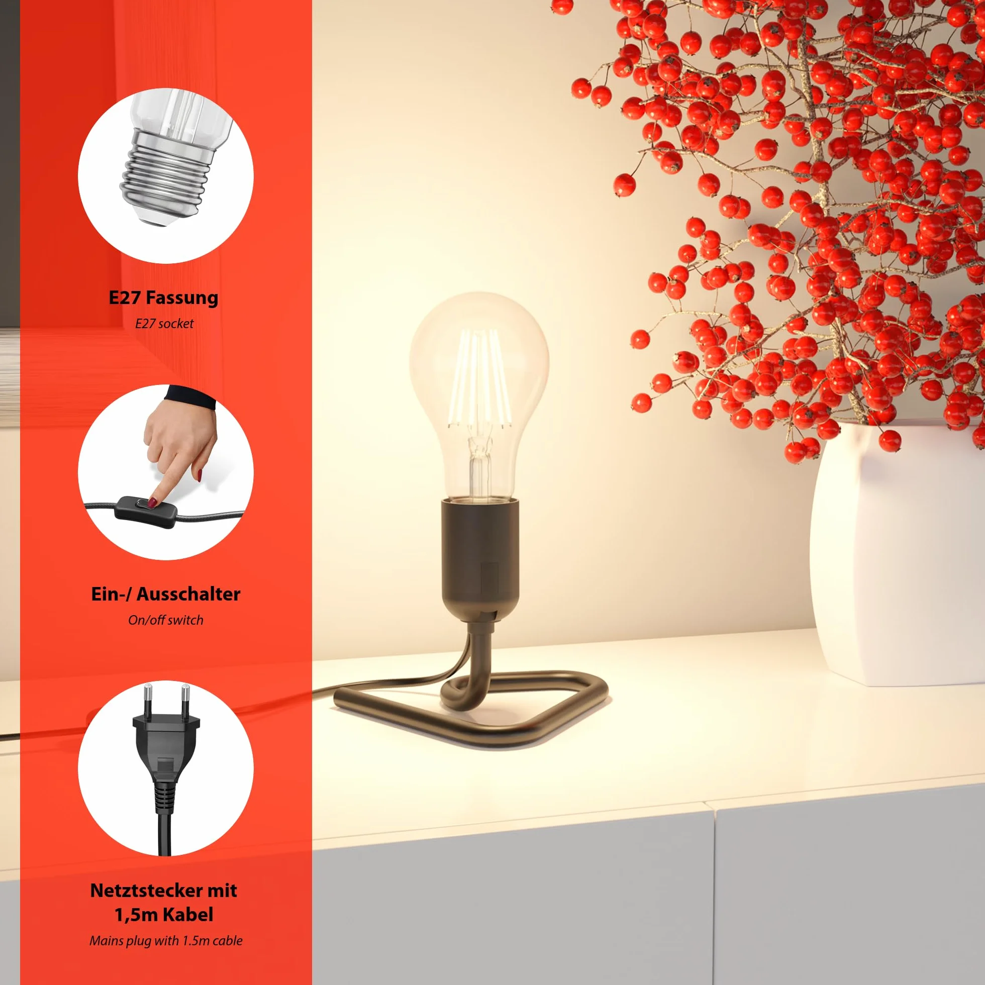 ledscom.de Lampa stołowa/Oprawka/Trójkątna podstawa trójkątna TRIN, przełącznik, aluminium, czarny, 1x E27 maks. 60W