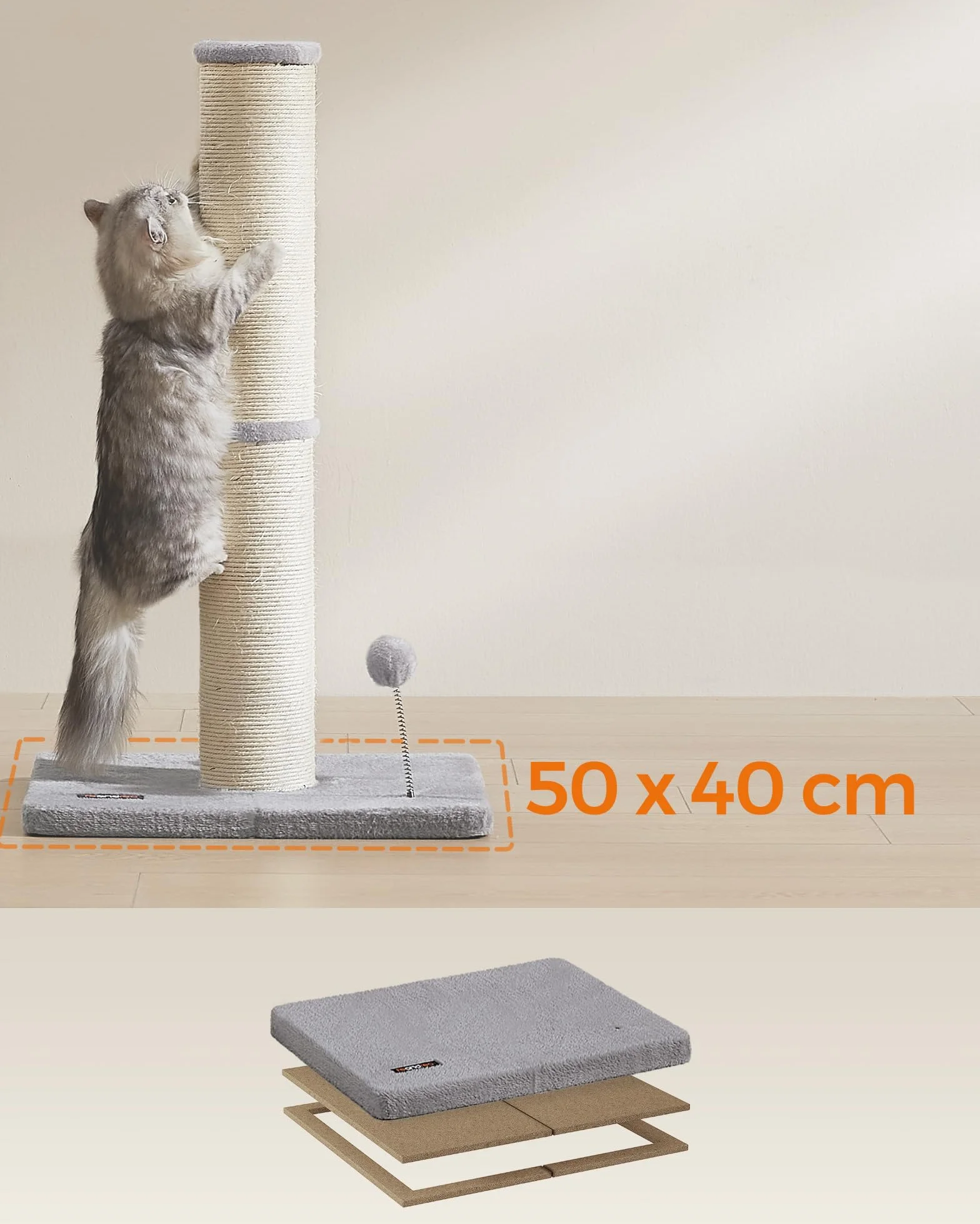 Feandrea Drapak, o wysokości 85 cm, pień o grubości 13 cm, drapak dla średnich i dużych kotów, słupek sizalowy z pluszową kulką i dzwonkiem, gołębi szary PCA041G01