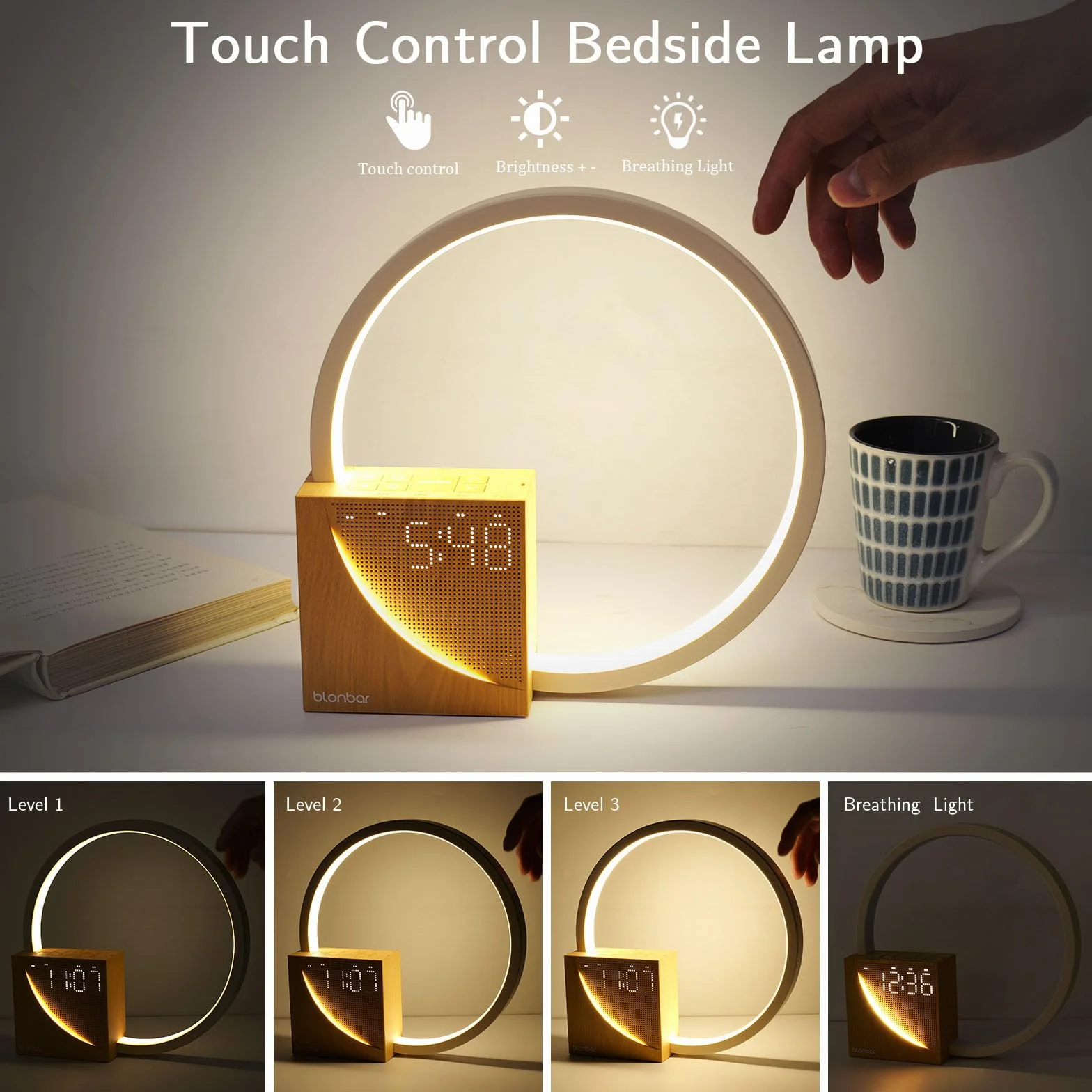 blonbar 10W lampka nocna z funkcją ładowania USB, budzik Wake Up Light, sterowanie dotykowe, ściemnialna lampka stołowa, pomoc w zasypianiu dla niemowląt i dorosłych, 3 poziomy jasności, lampka nocna