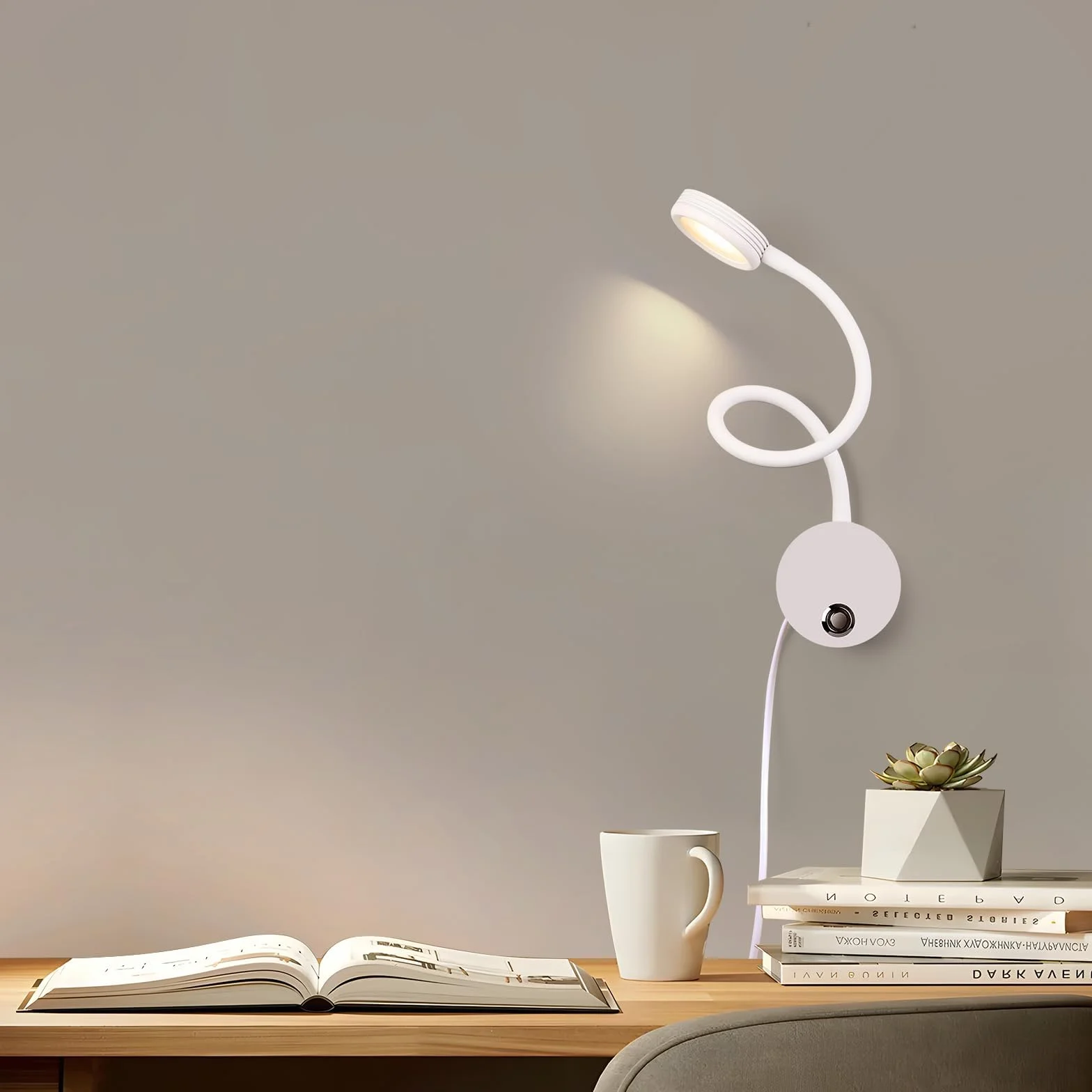 ERWEY 2 lampki do czytania na ścianie, czytnik nocny z przełącznikiem dotykowym 3000-6000 K, port ładowania USB, 4 W obrotowy czytnik do łóżka z gniazdem i kablem do sypialni (biały)