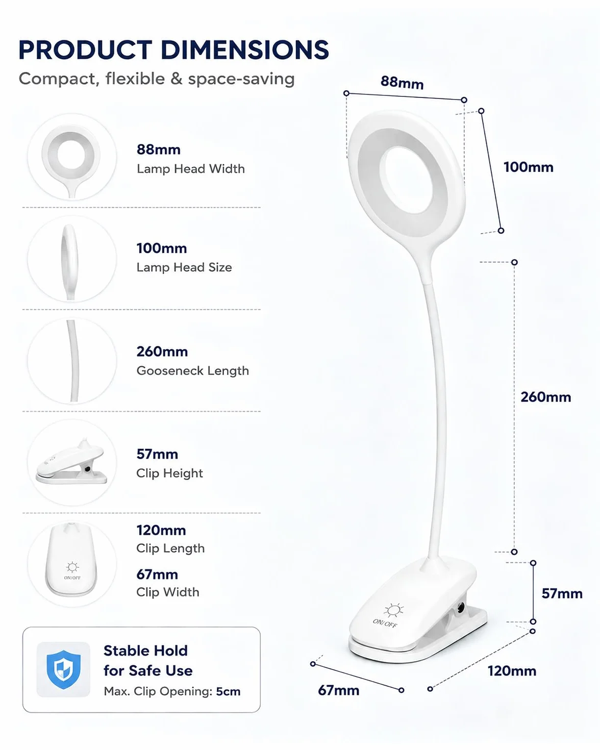 Lampka Zaciskowa do Łóżka dla Dzieci, LED Lampka do Czytania z Klipsem USB, 3 Kolory Światła, Dotykowe Ściemnianie, Lampka Nocna z Elastycznym Ramieniem do Pokoju Dziecka, Łóżka Piętrowego,biała