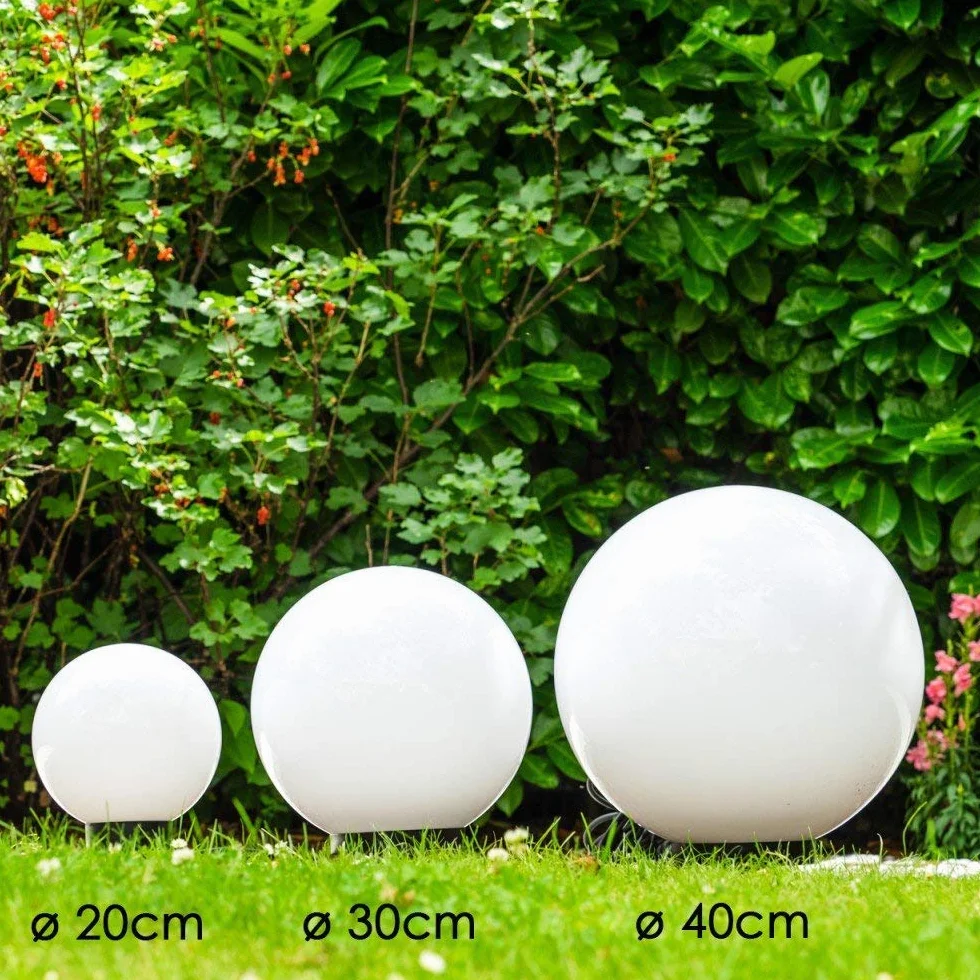 Lampa stojąca Miau, zestaw 3 lamp, lampy zewnętrzne z białego tworzywa sztucznego Ø20, 30 i 40cm, kule świetlne z oprawą E27, lampy stojące z 5-metrowym kablem zasilającym, bez żarówek