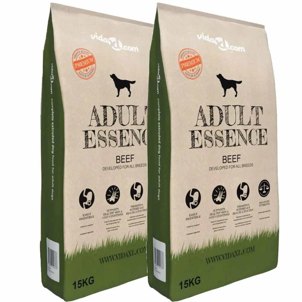 Sucha karma dla psów Essence Beef, zawierająca zboża, zestaw 2 x 15 kg, 30 kg, wytłaczana, dla dorosłych psów od 1 roku życia, dla zrównoważonych składników odżywczych